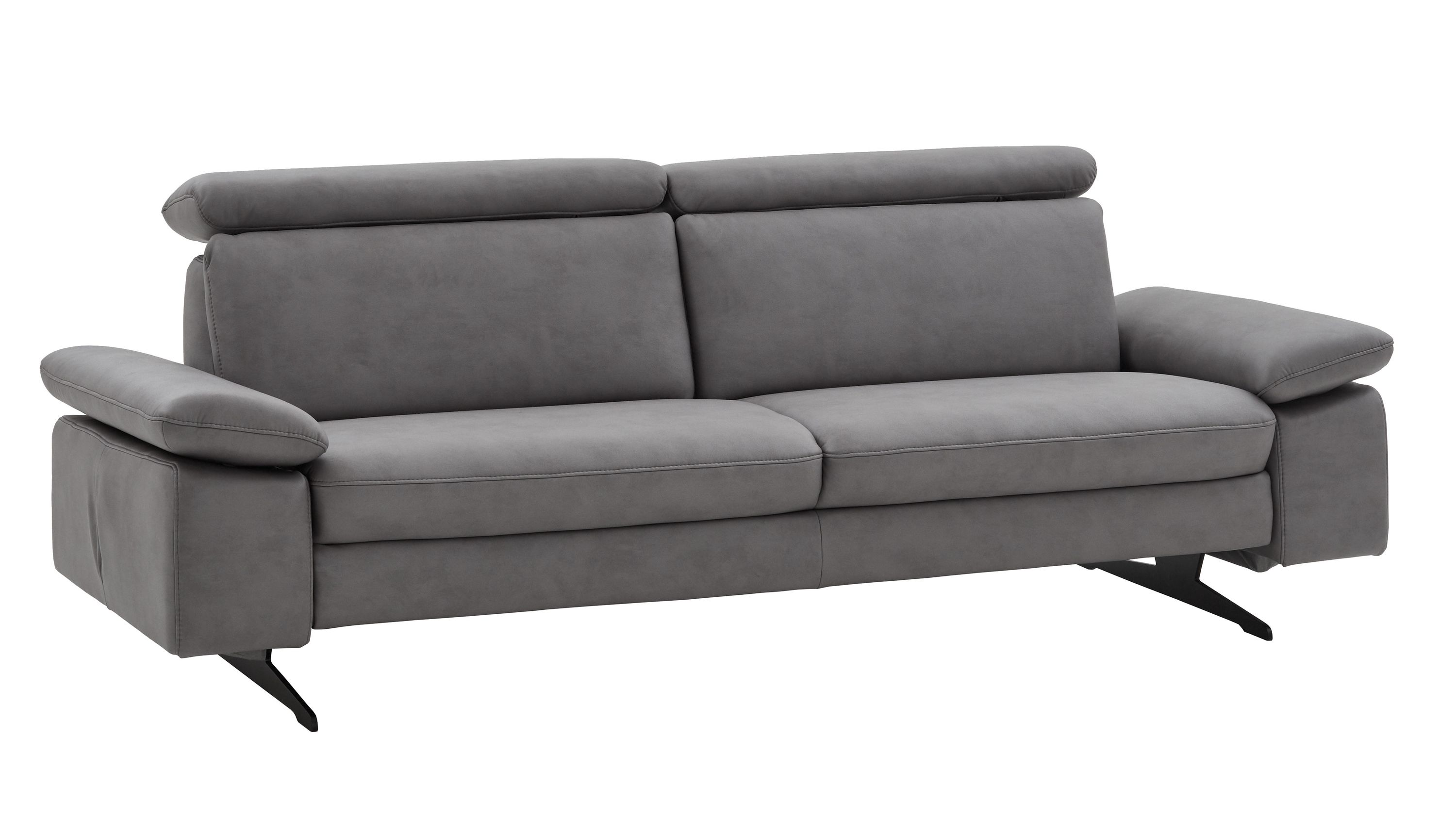 Zweisitziges Sofa mit dunkelgrauem Stoffbezug und verstellbaren Kopfstützen