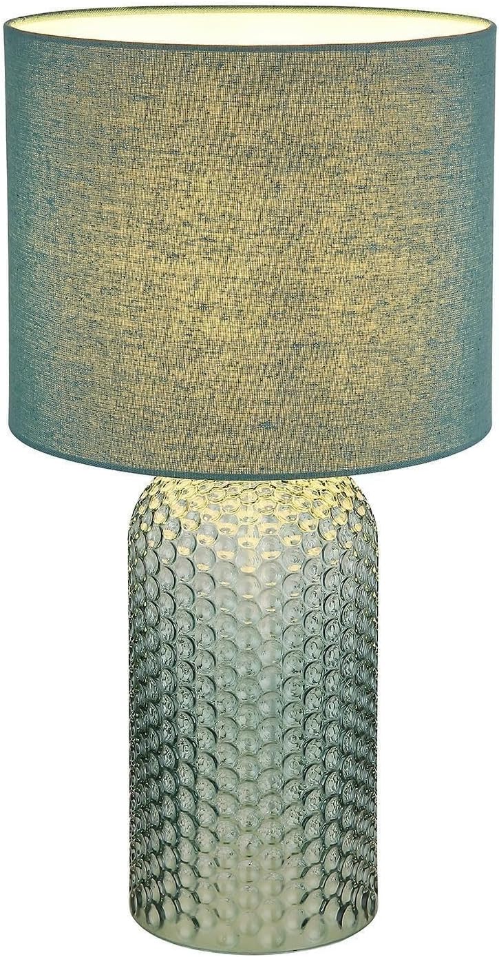 Tischleuchte Sofia aus grünem Glas und Stoff  Ø 22 x H 40 cm Moderne Tischleuchte mit grünem Glasfuß und hellem Stoffschirm aufgenommen frontal