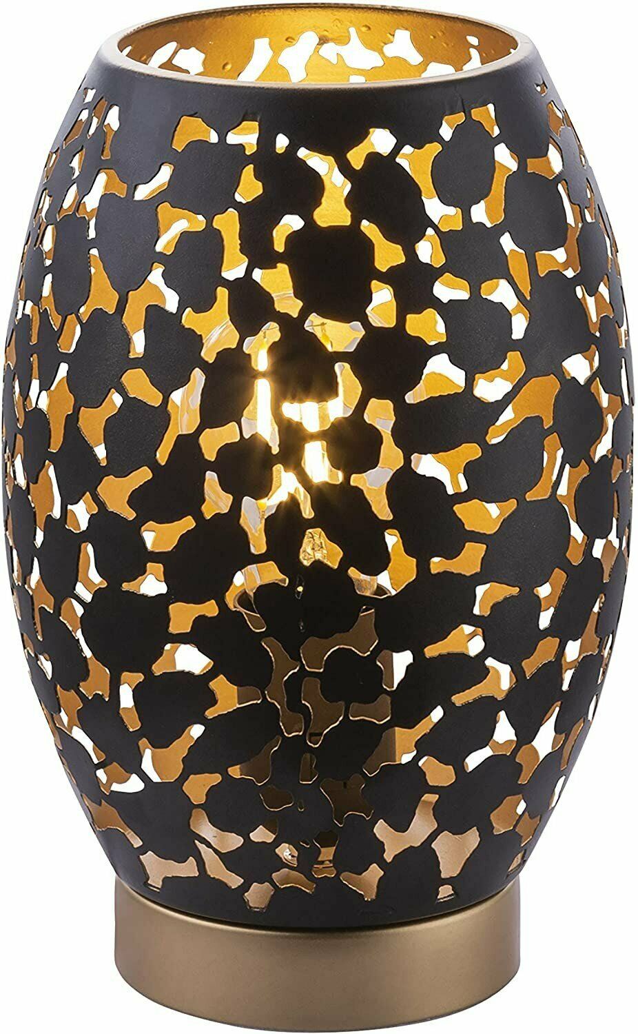Tischlampe schwarz matt mit Goldmuster Tischleuchte in Schwarz matt mit zylindrischem Korpus  goldfarben gemustert  frontal fotografiert auf hellem Untergrund