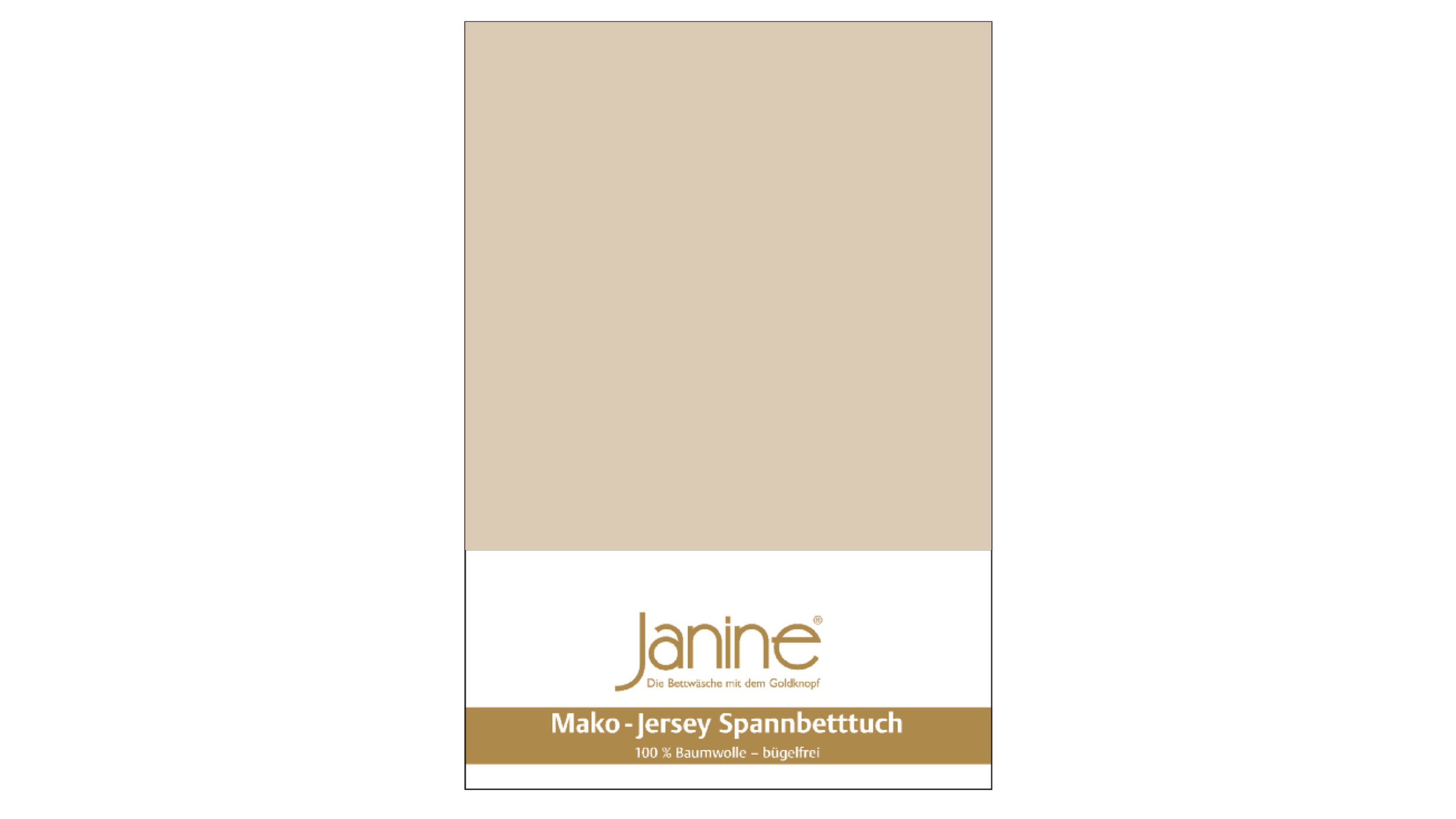 Beiges Spannbettlaken aus Jersey mit Verpackung und sichtbarem Markenlogo Janine