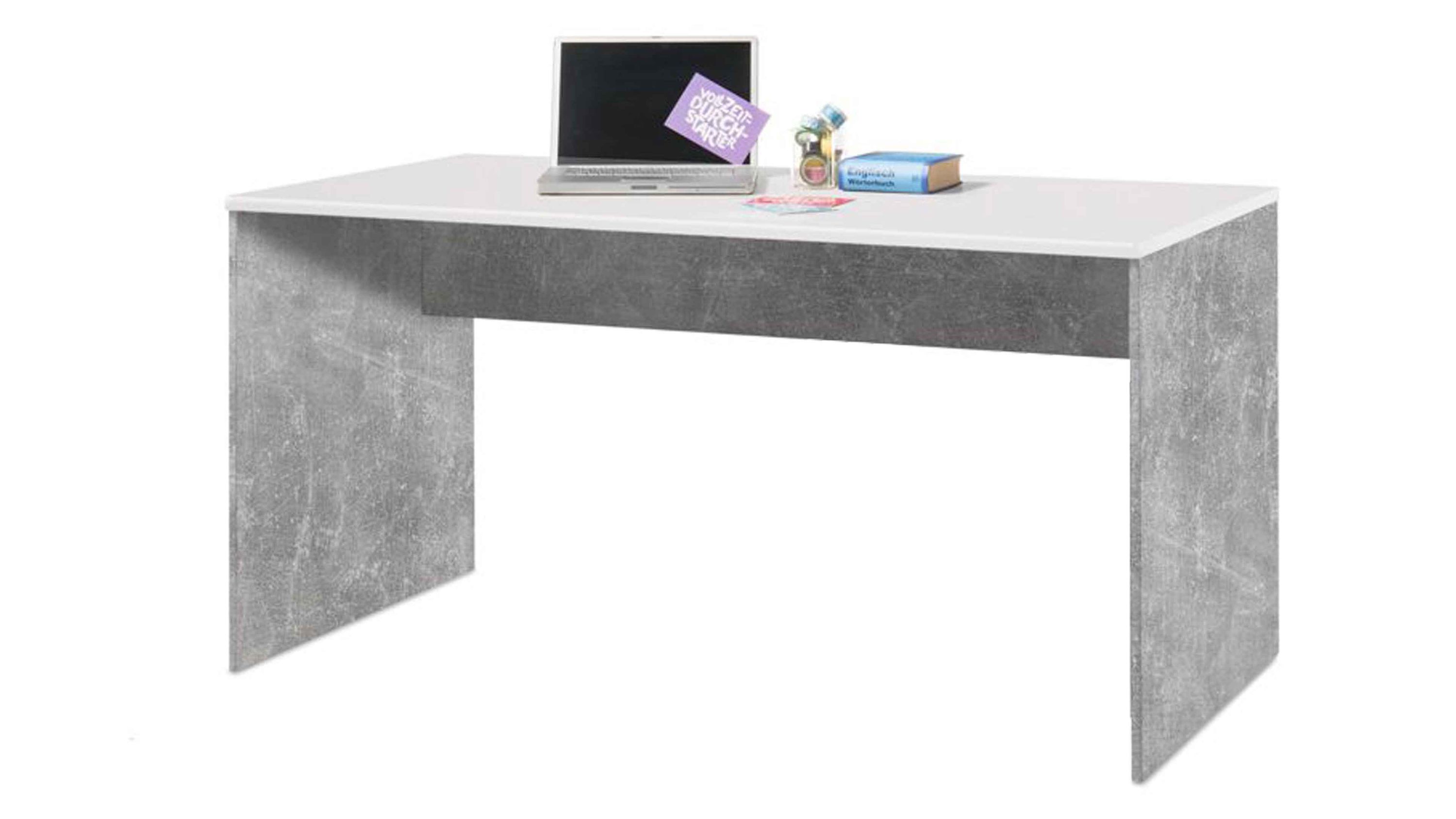 Schreibtisch mit weißer Tischplatte und betonfarbener Umrandung und Beinen aus Kunststoff