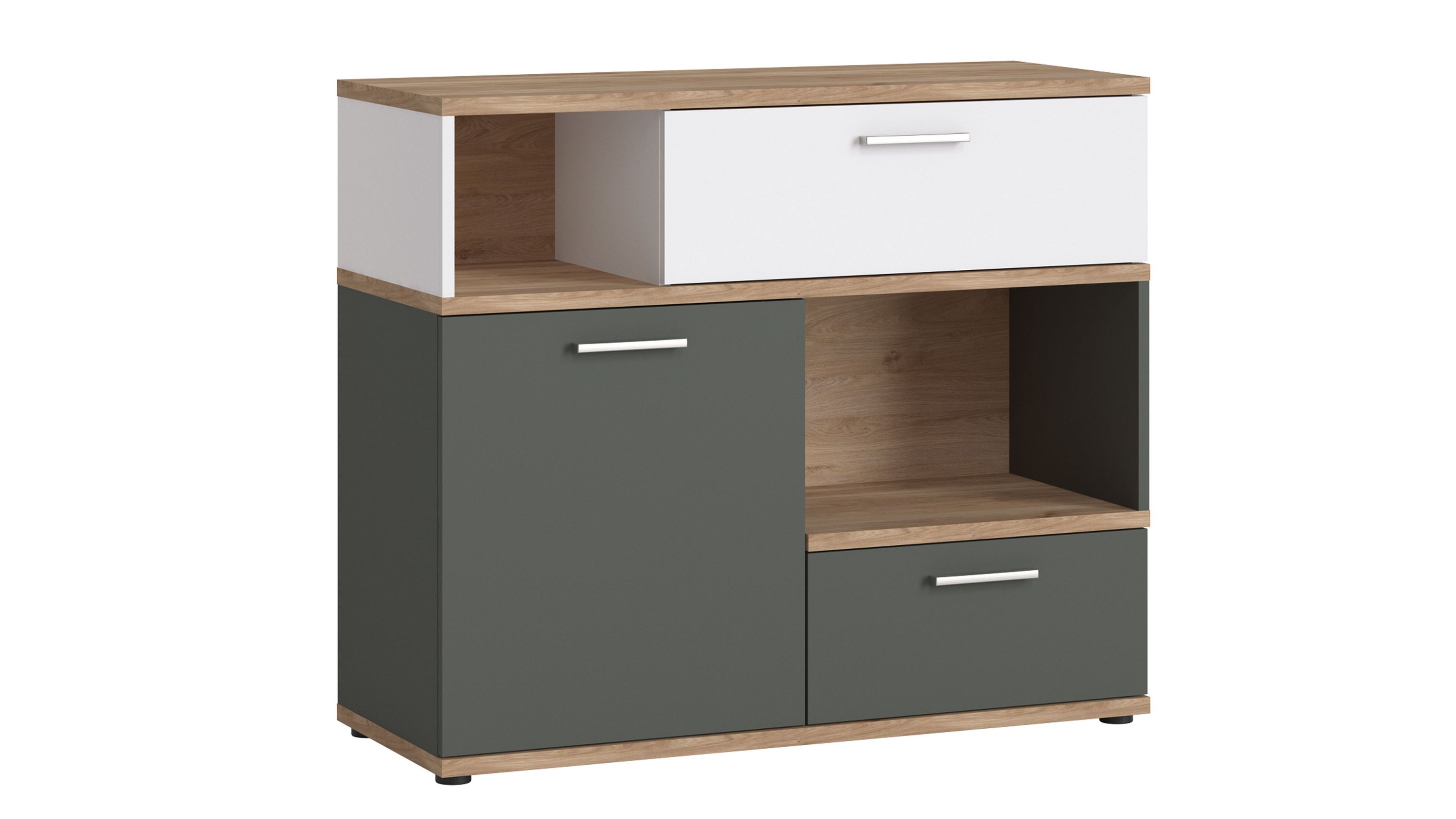 Kommode mit Schubladen und Türen in Weiß Grau und Holzfarben Kommode mit zwei offenen Fächern weißer und grauer Schublade grauer Tür und honigfarbenen Holzflächen