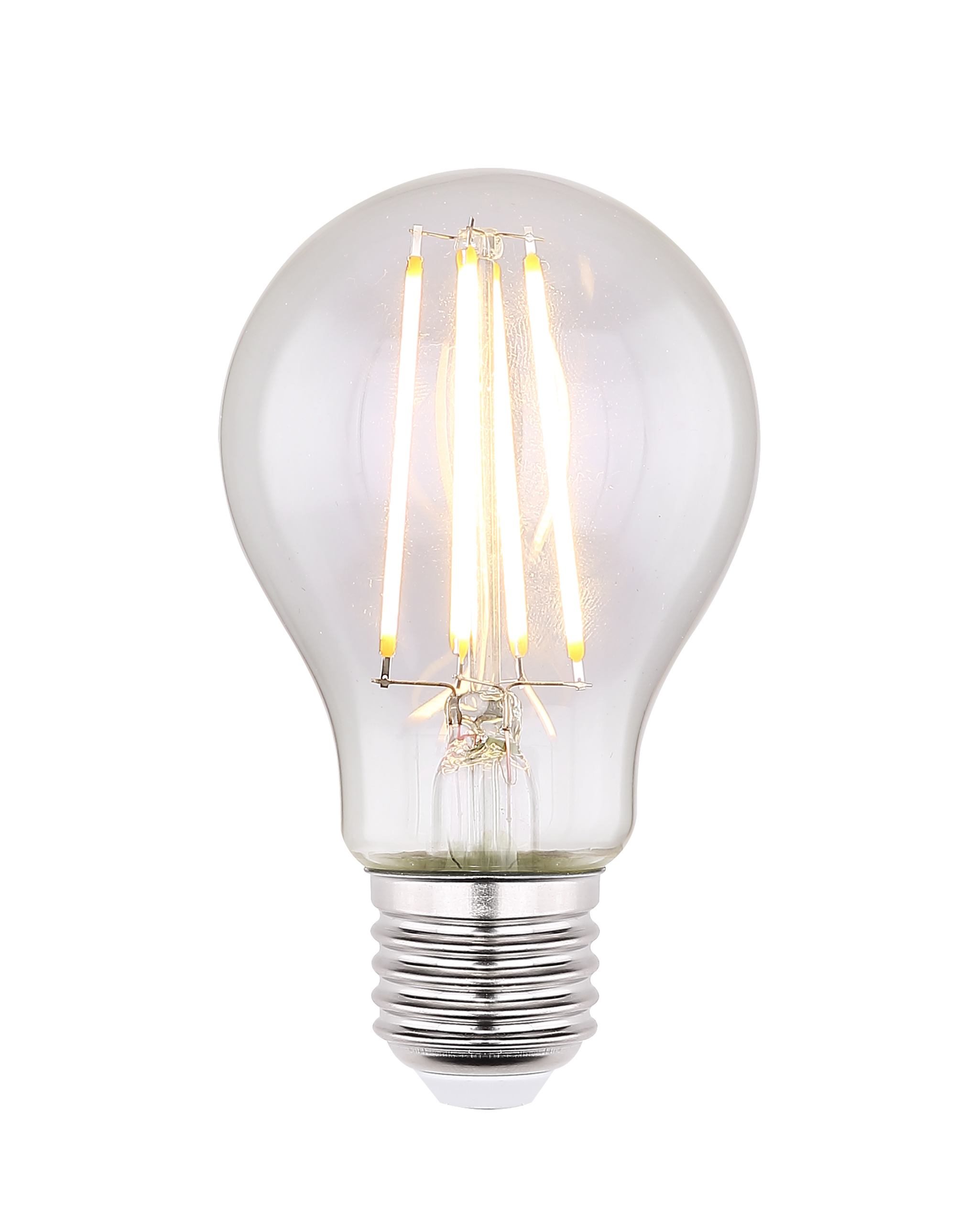 LED-Glühbirne mit klarer Glasabdeckung, leuchtenden Filamenten und warmweißem Licht freigestellt