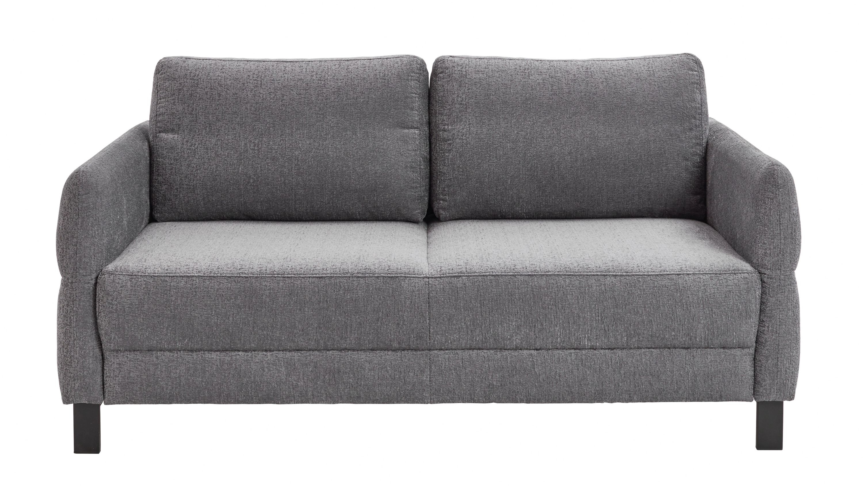 Schlafsofa mit anthrazitfarbenem Stoffbezug zwei Rückenpolstern und schwarzen Metallfüßen