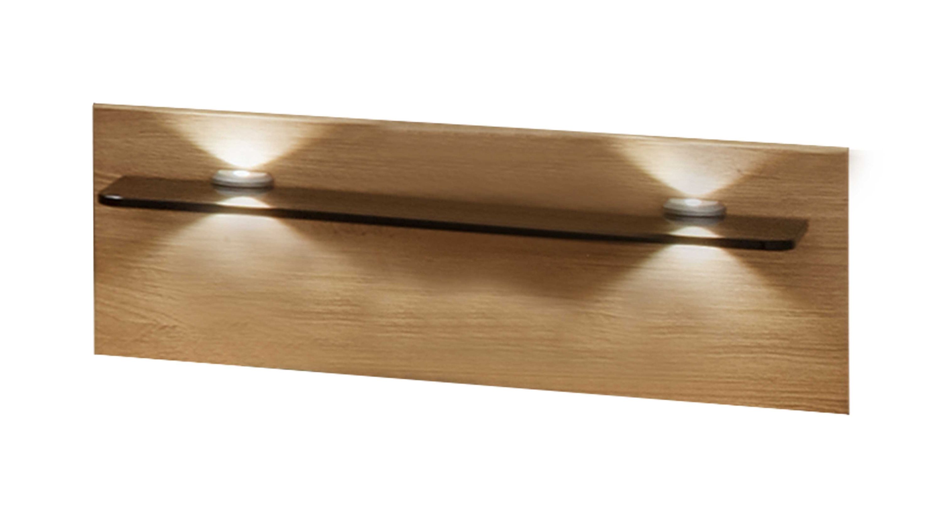 Rechteckiges Wandpaneel in heller Holzoptik mit schwarzem Regal und zwei integrierten Lampen