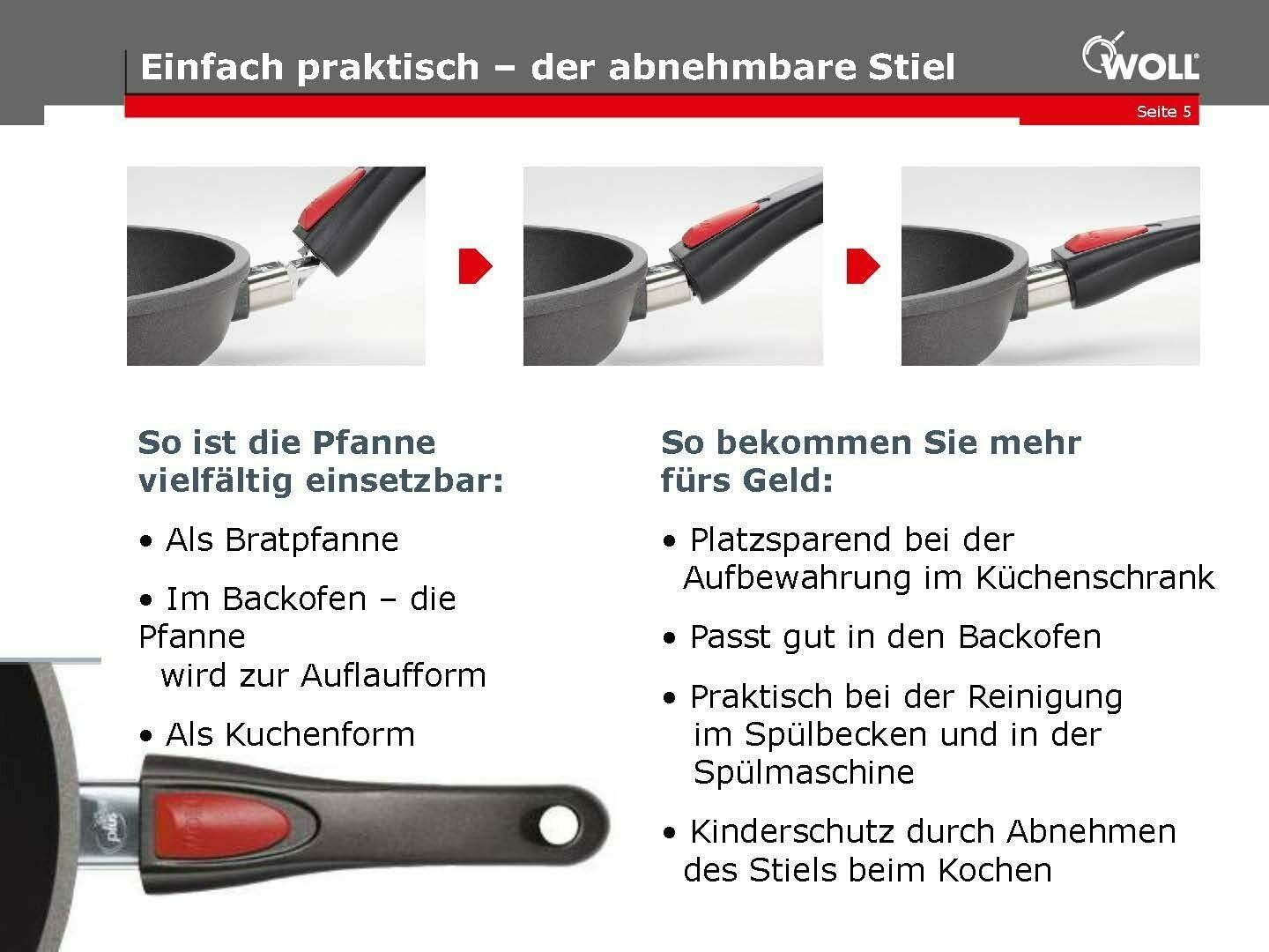 Infografik mit Produktvorteilen der Woll Hochrandpfanne Titan Nowo Best  inkl Griffsystem und Antihaftversiegelung