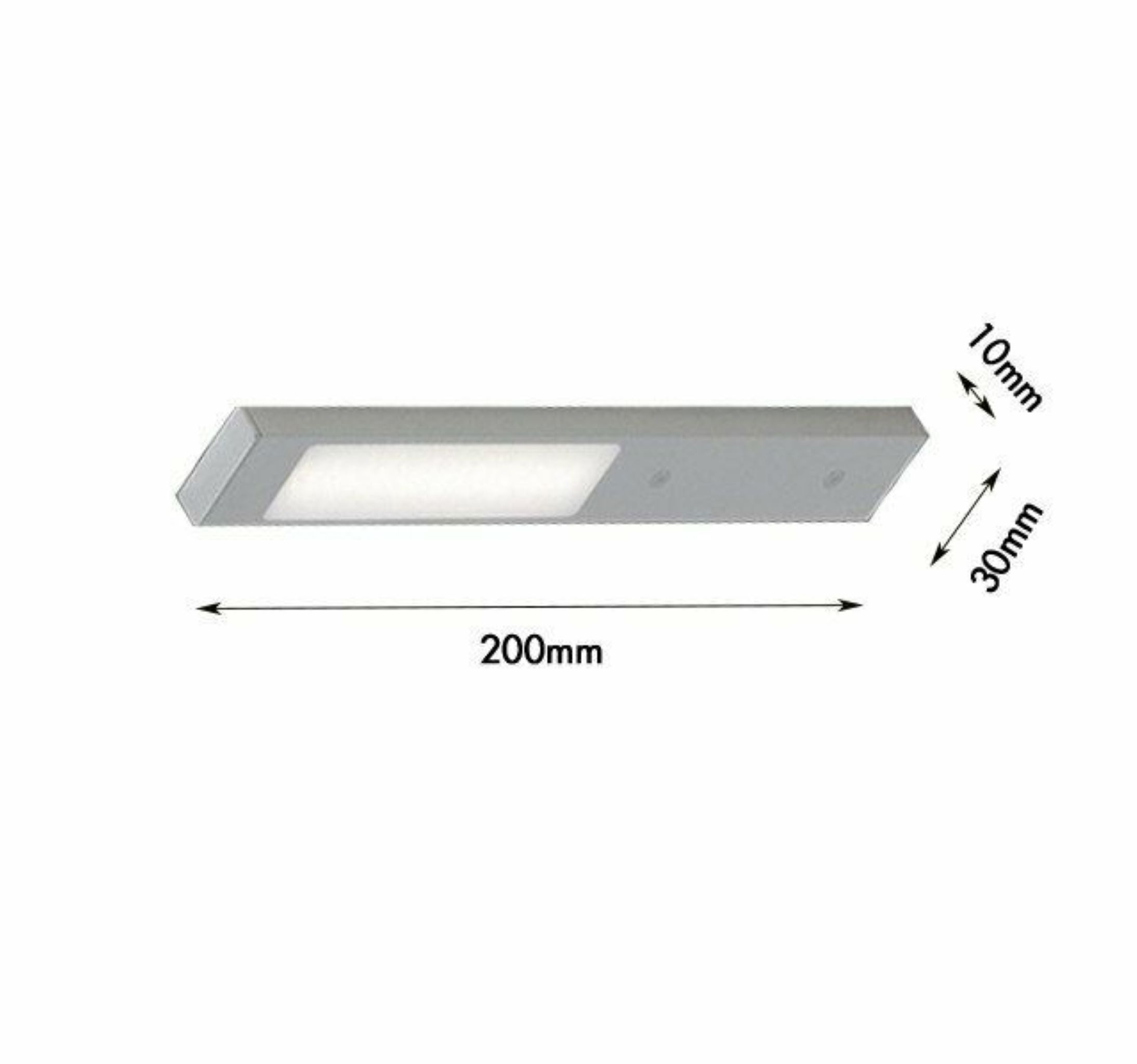 Rechteckige LED-Leuchte mit 200 mm Länge, 30 mm Breite und 10 mm Höhe, frontal auf hellem Hintergrund dargestellt.