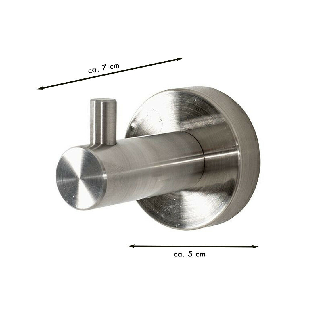 Perspektivische Ansicht eines Wandhakens aus Edelstahl, ca. 7 cm lang und 5 cm Durchmesser.