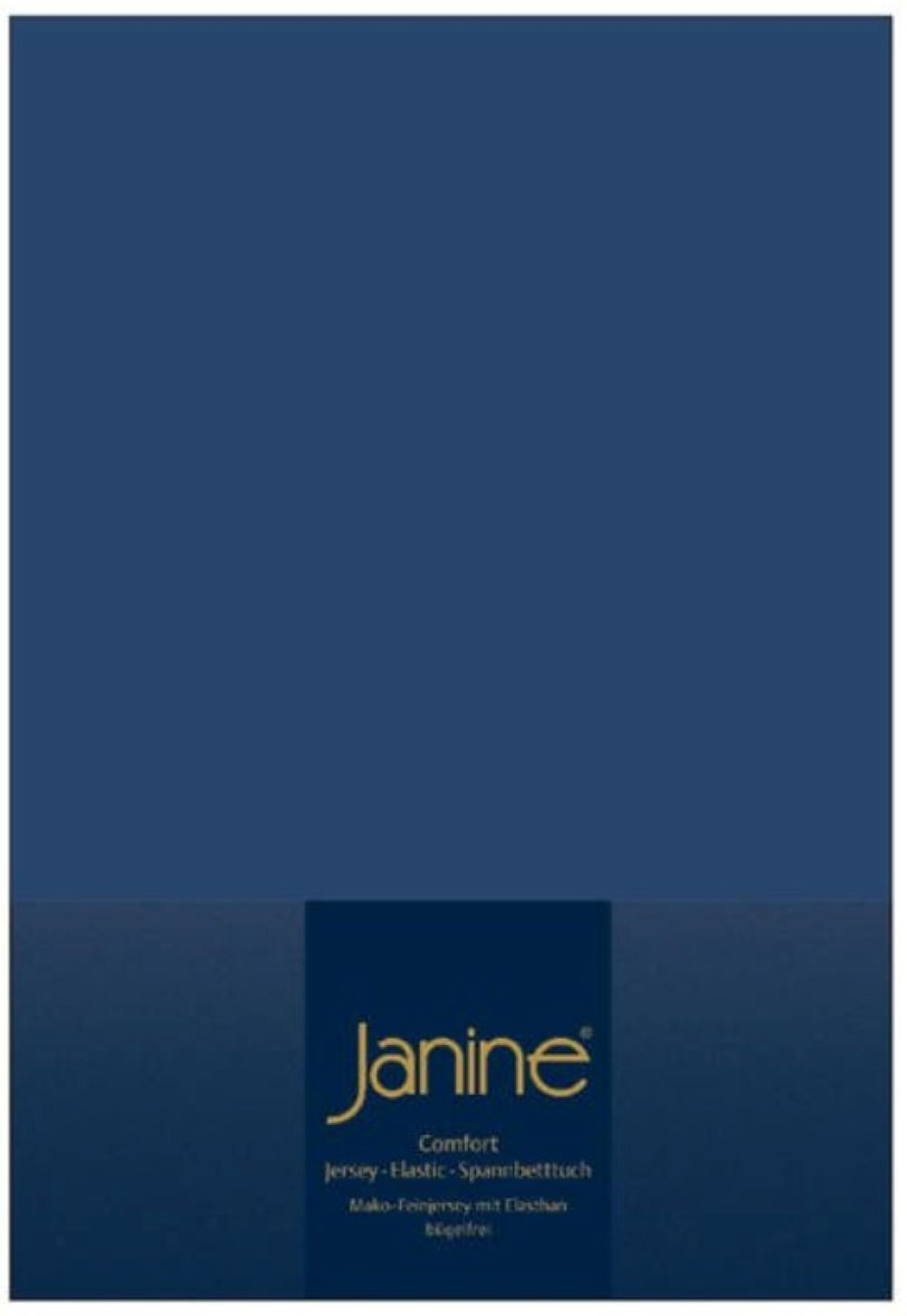 Blaues Spannbetttuch in dunkelblauer Verpackung mit goldener Schrift frontal leicht von oben fotografiert