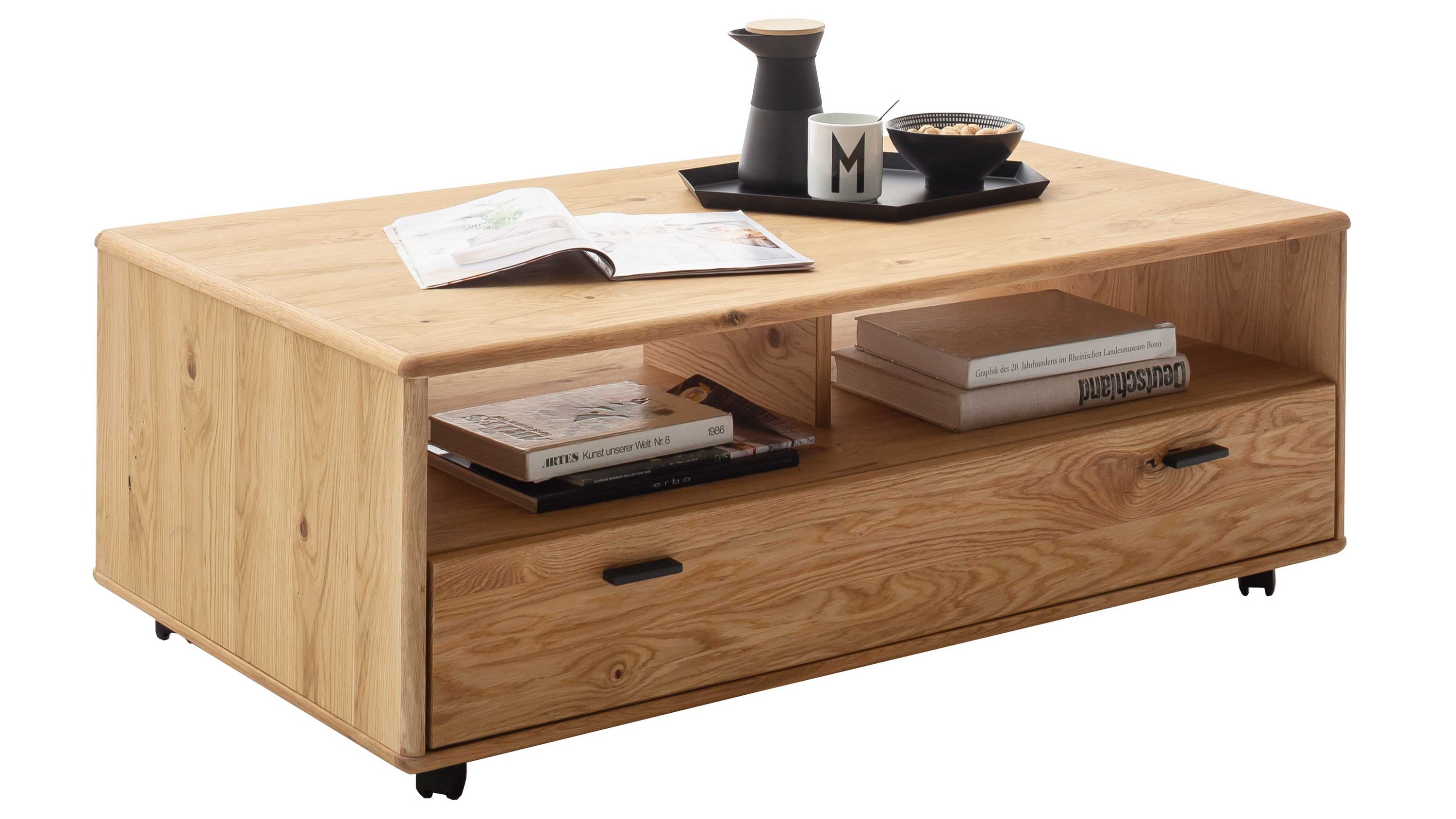 Couchtisch mit Ablage und Schublade in Holzoptik Rechteckiger Couchtisch mit offener Ablage und Schublade in Holzoptik mit schwarzen Griffen