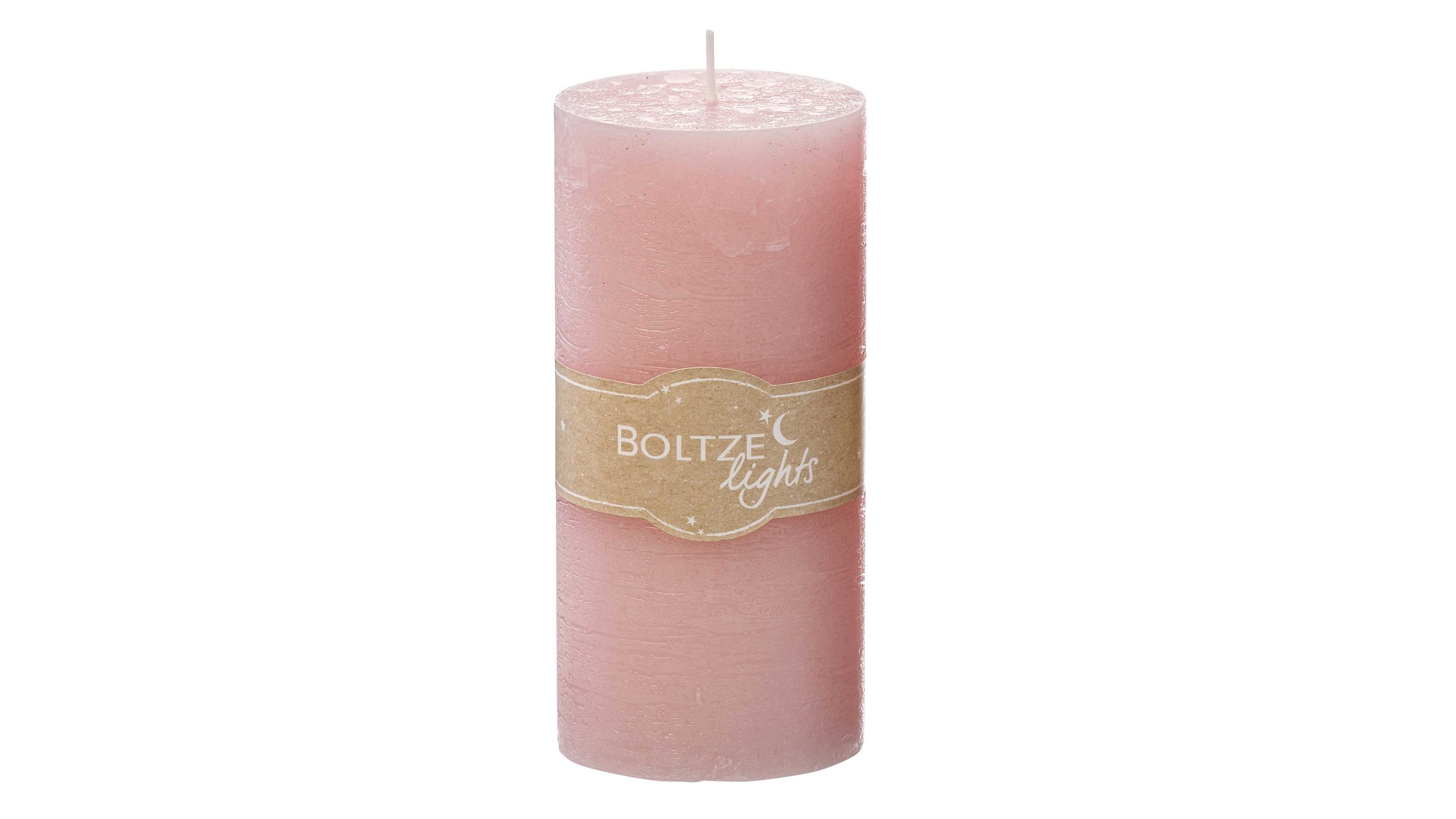 Rosa zylindrische Stumpenkerze mit Papierband und sichtbarem Docht