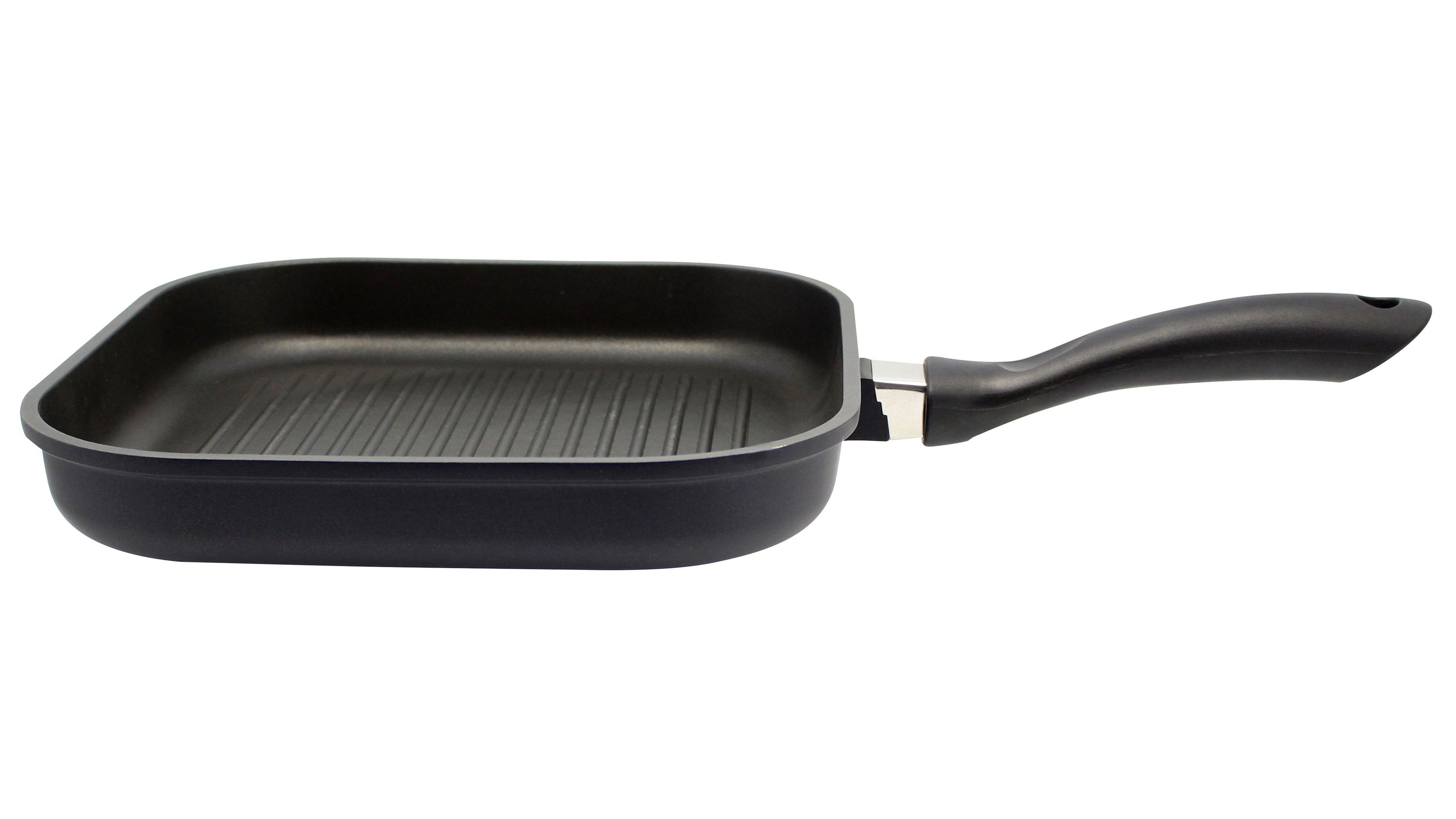 Schwarze quadratische Grillpfanne mit geriffeltem Boden und langem Griff