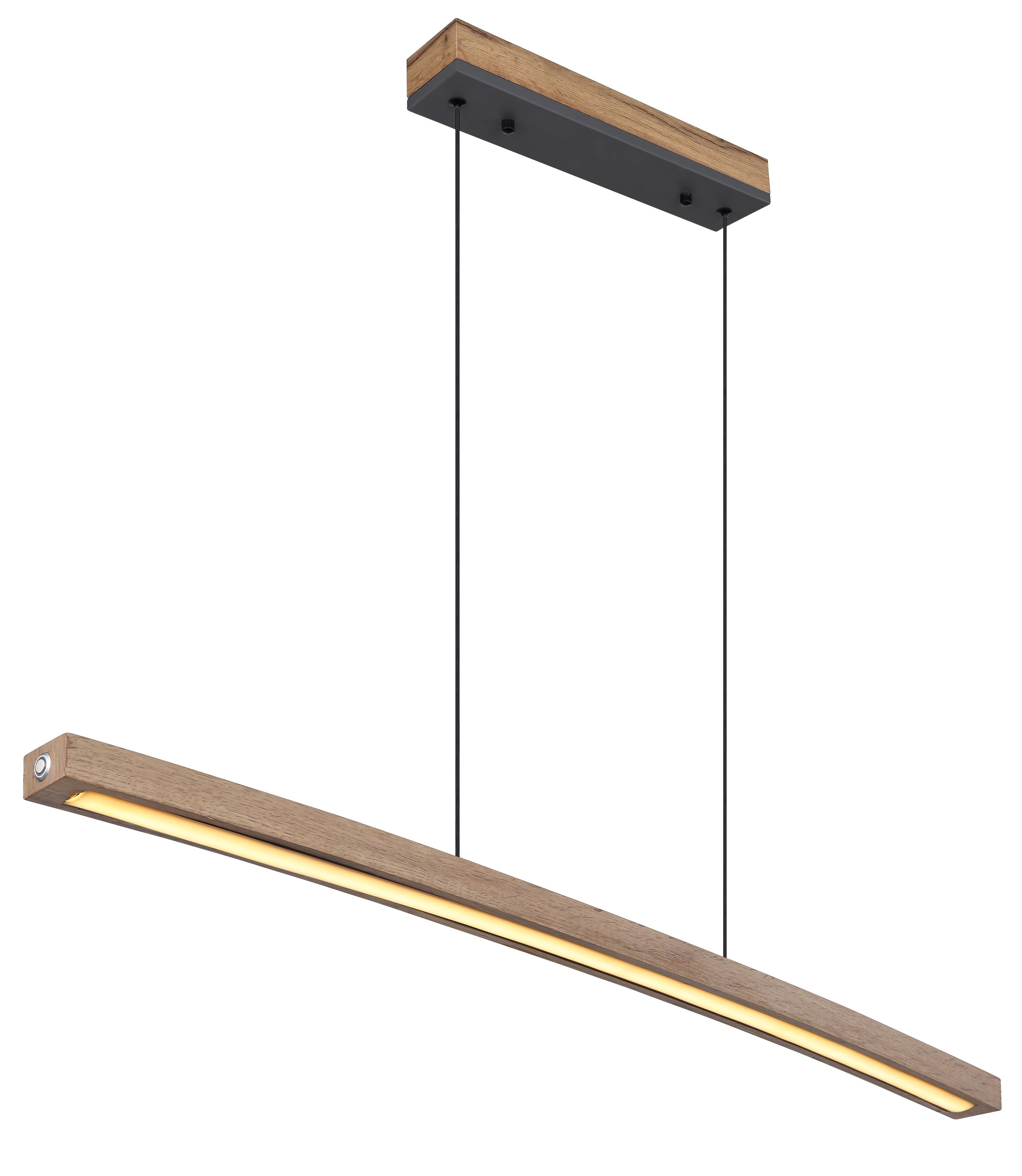 Hängeleuchte mit gebogenem langem Leuchtkörper in Holzoptik und grauer Deckenbefestigung