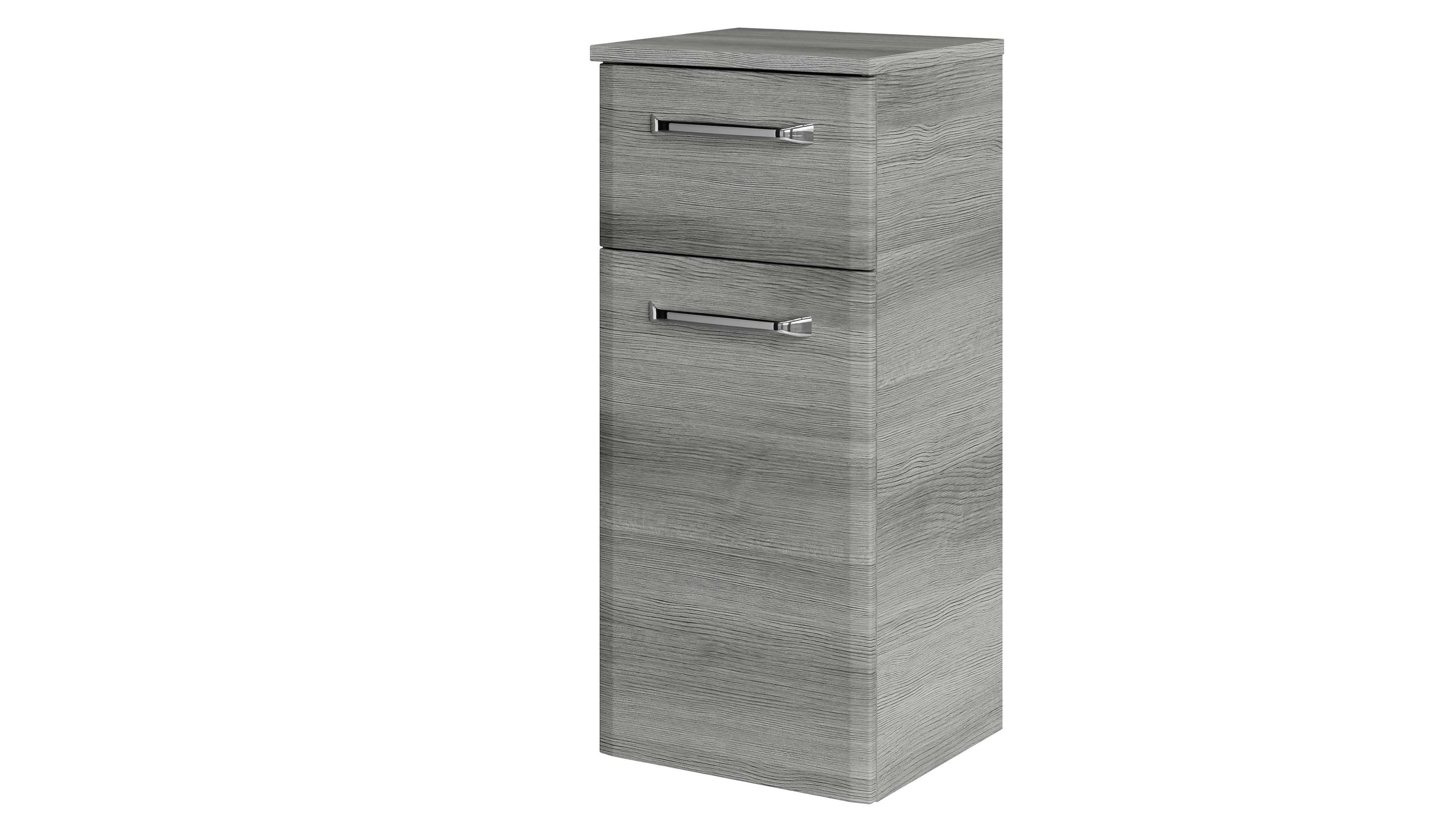 Schmaler grauer Unterschrank mit einer Tür und einer Schublade zwei Metallgriffe