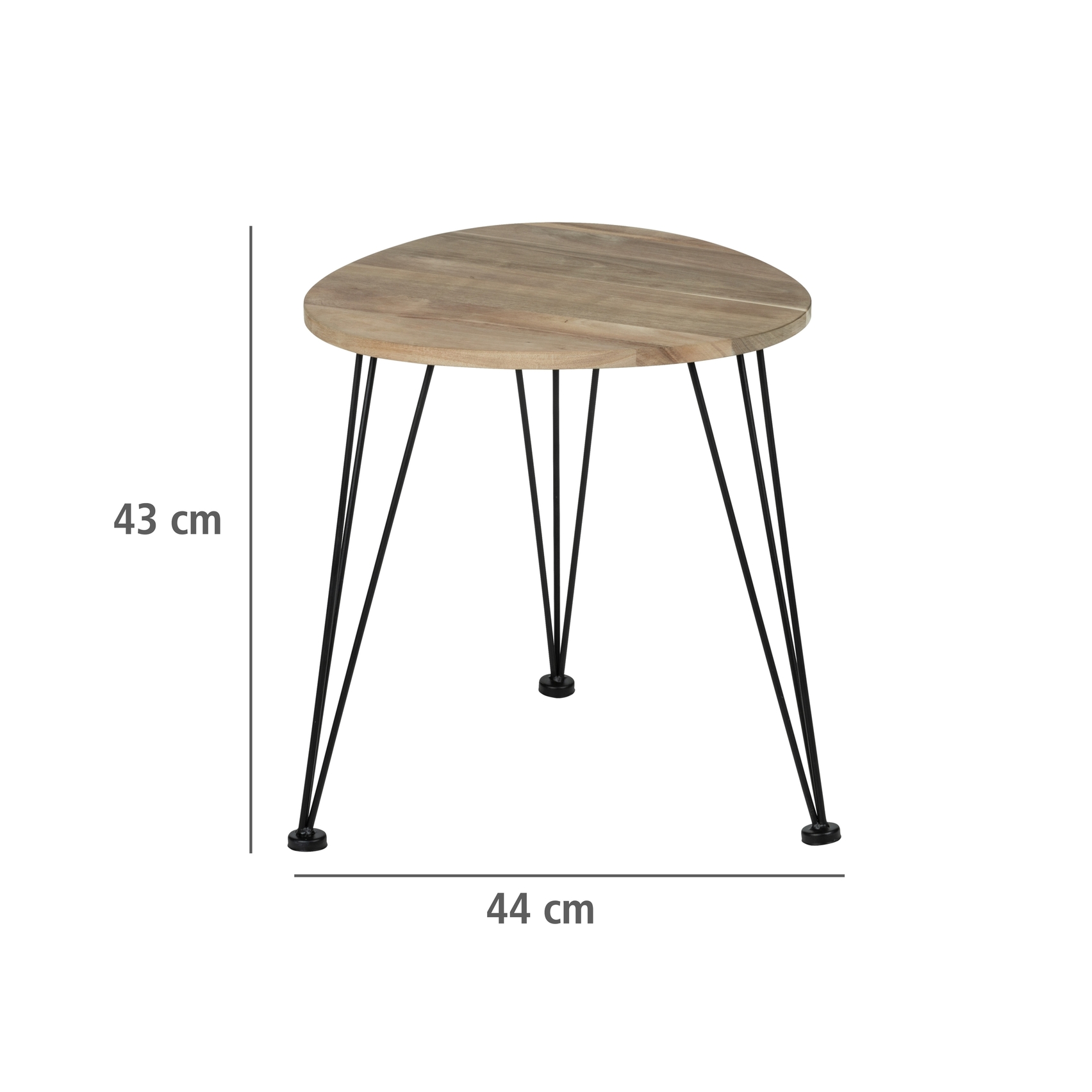 Beistelltisch mit dreieckiger Holzplatte und drei Metallbeinen  aufgenommen aus Frontalperspektive