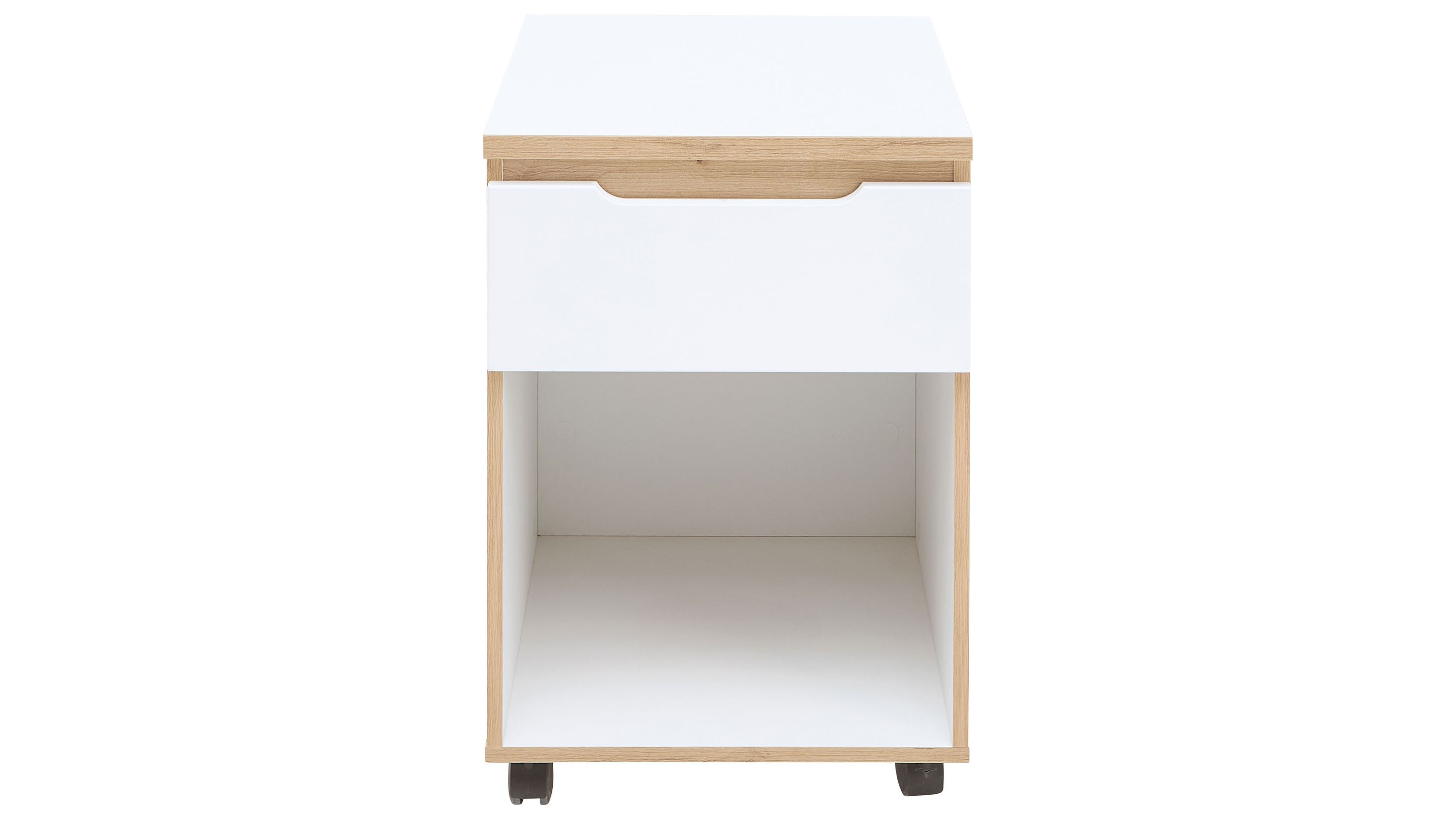 Rollcontainer mit Schublade und offenem Fach in Weiß und Holzoptik Rollcontainer mit einer weißen Schublade und offenem Fach darunter Korpus in heller Holzoptik