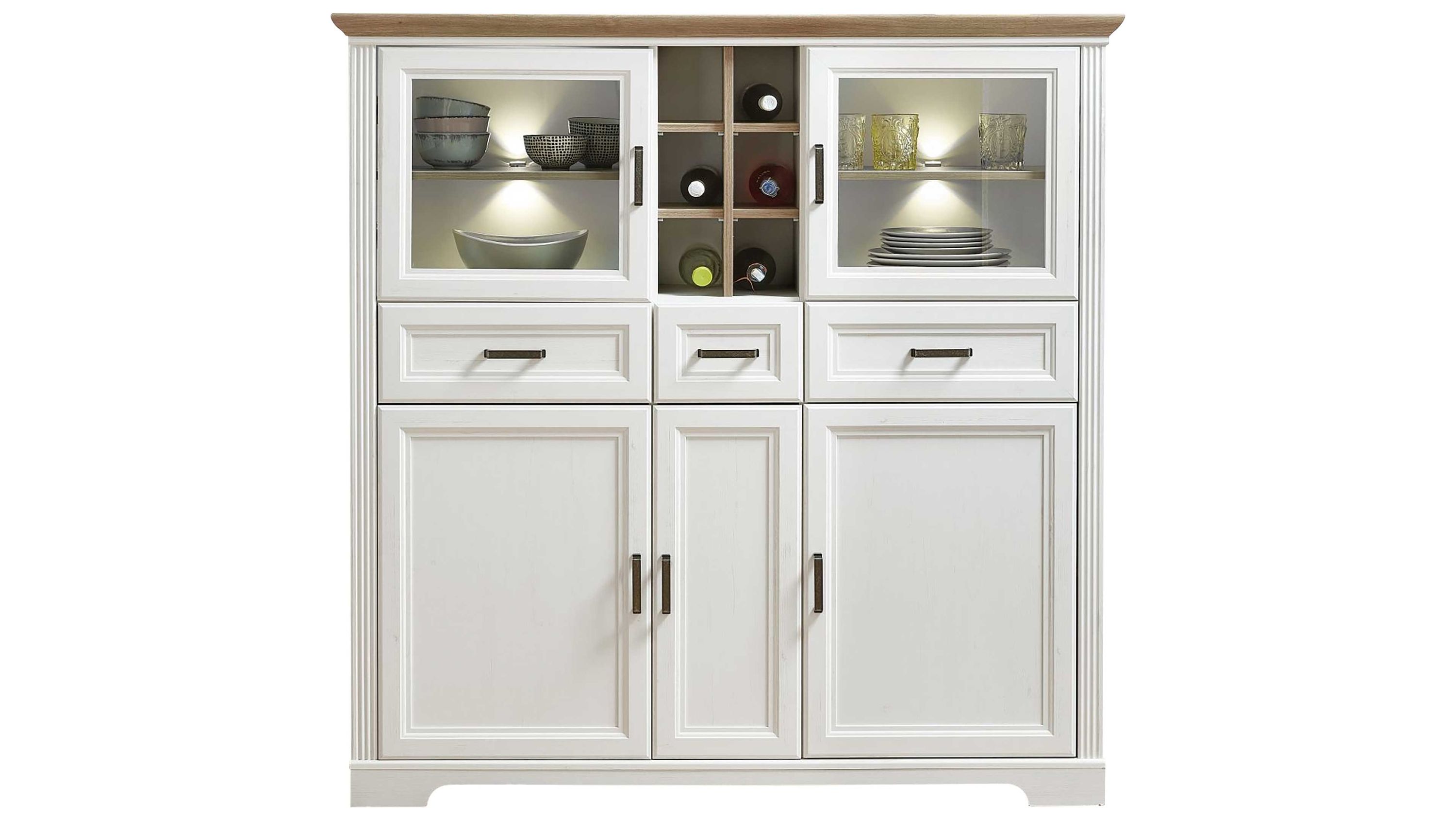 Highboard mit Türen Schubladen und Weinregal in Weiß und Braun Weißes Highboard mit fünf Türen drei Schubladen und mittig offenem Weinregal in braun