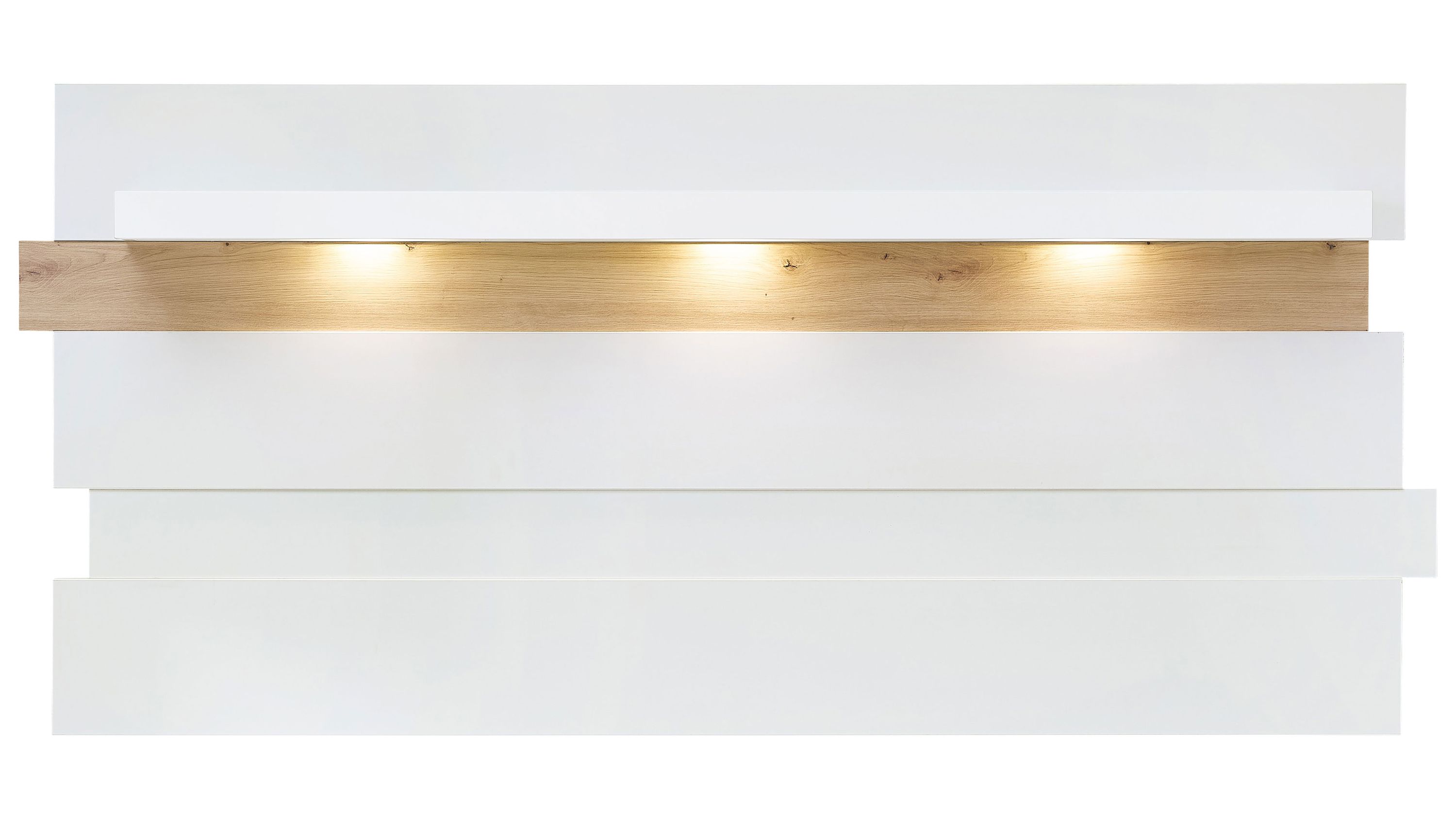 Wandpaneel mit weißen und holzfarbenen horizontalen Elementen und drei integrierten Lichtern