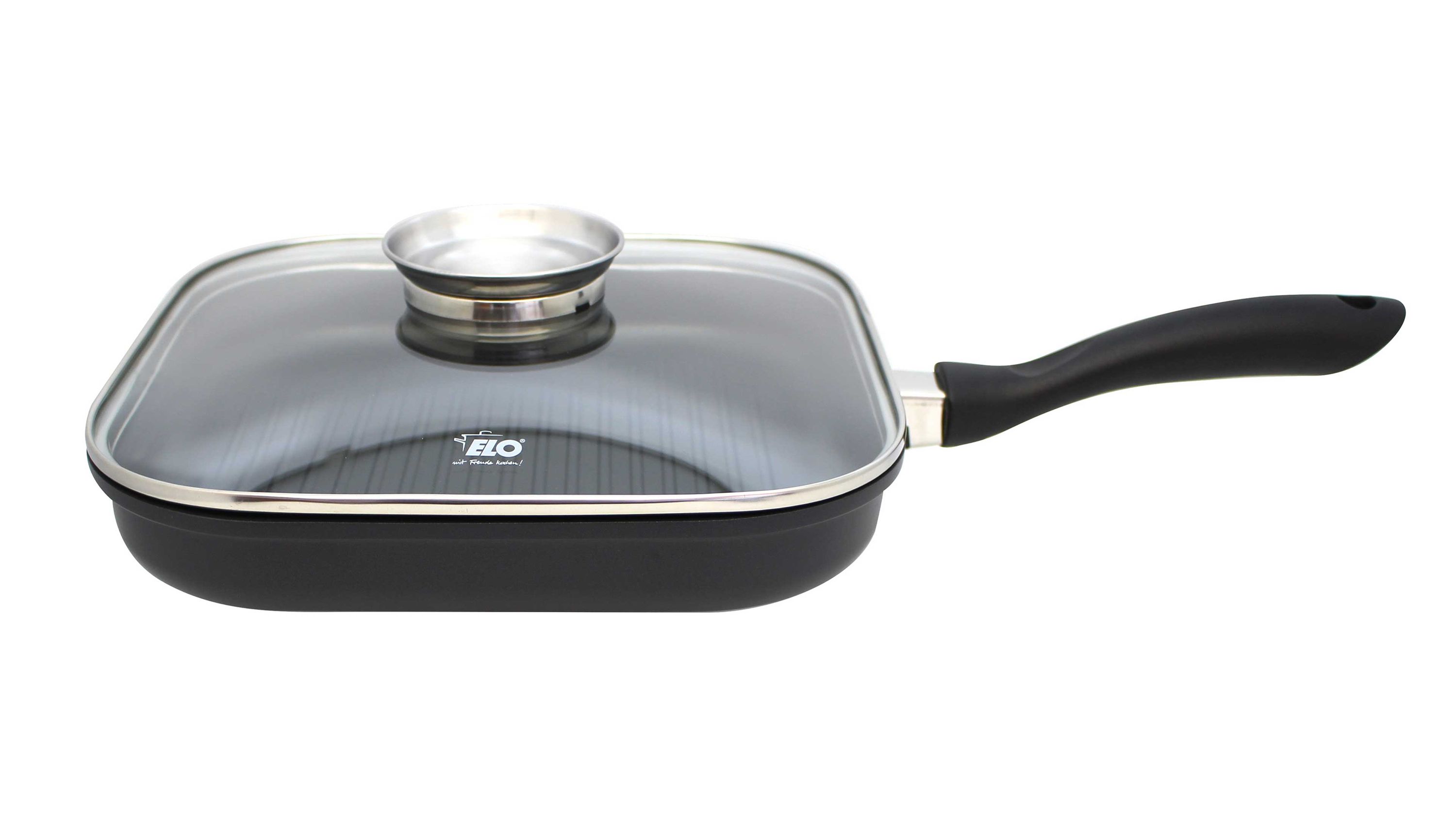 Schwarze quadratische Grillpfanne mit Glasdeckel und schwarzem Griff