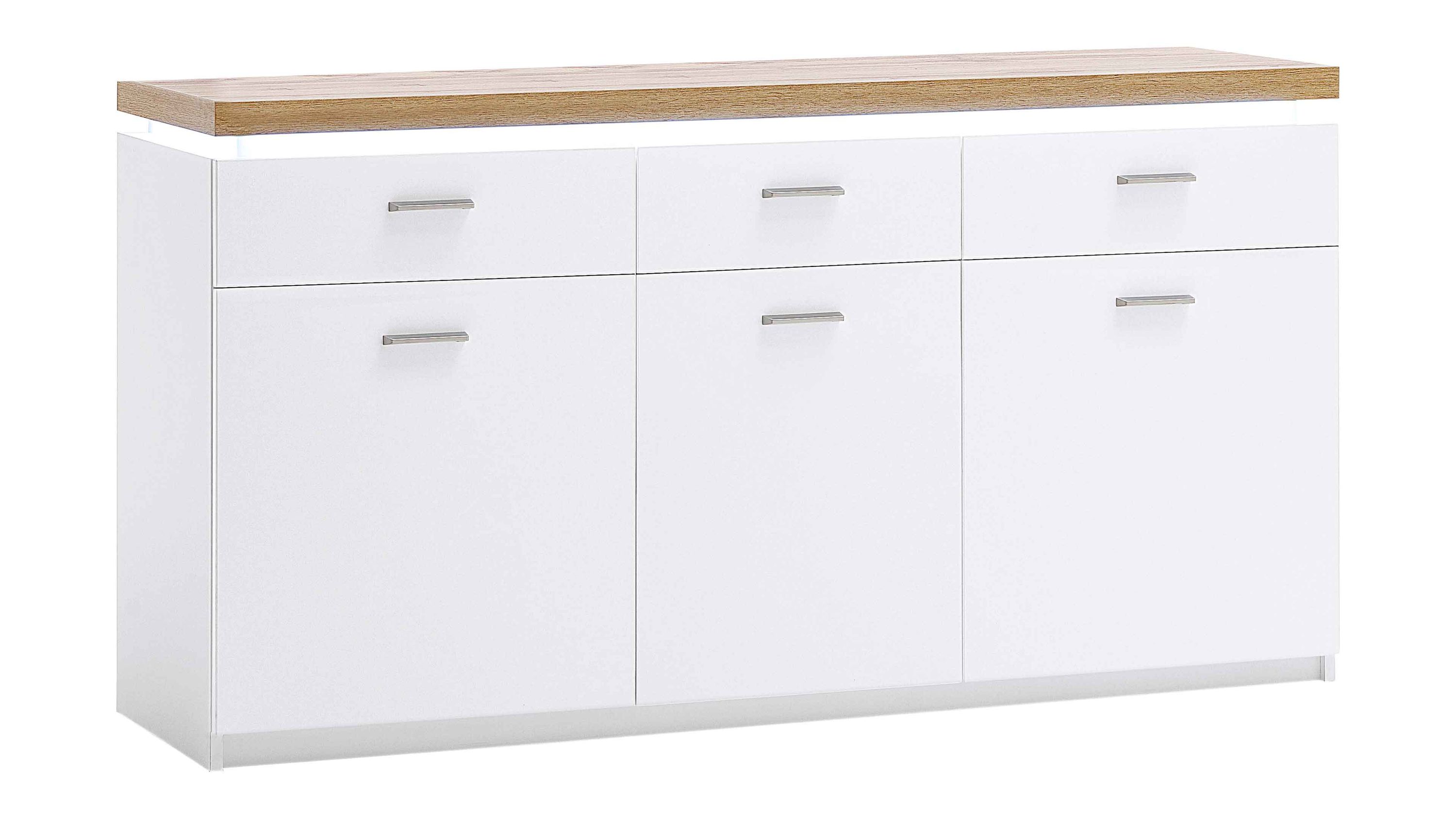Sideboard mit drei weißen Türen und drei weißen Schubladen Holzfarbene Oberfläche