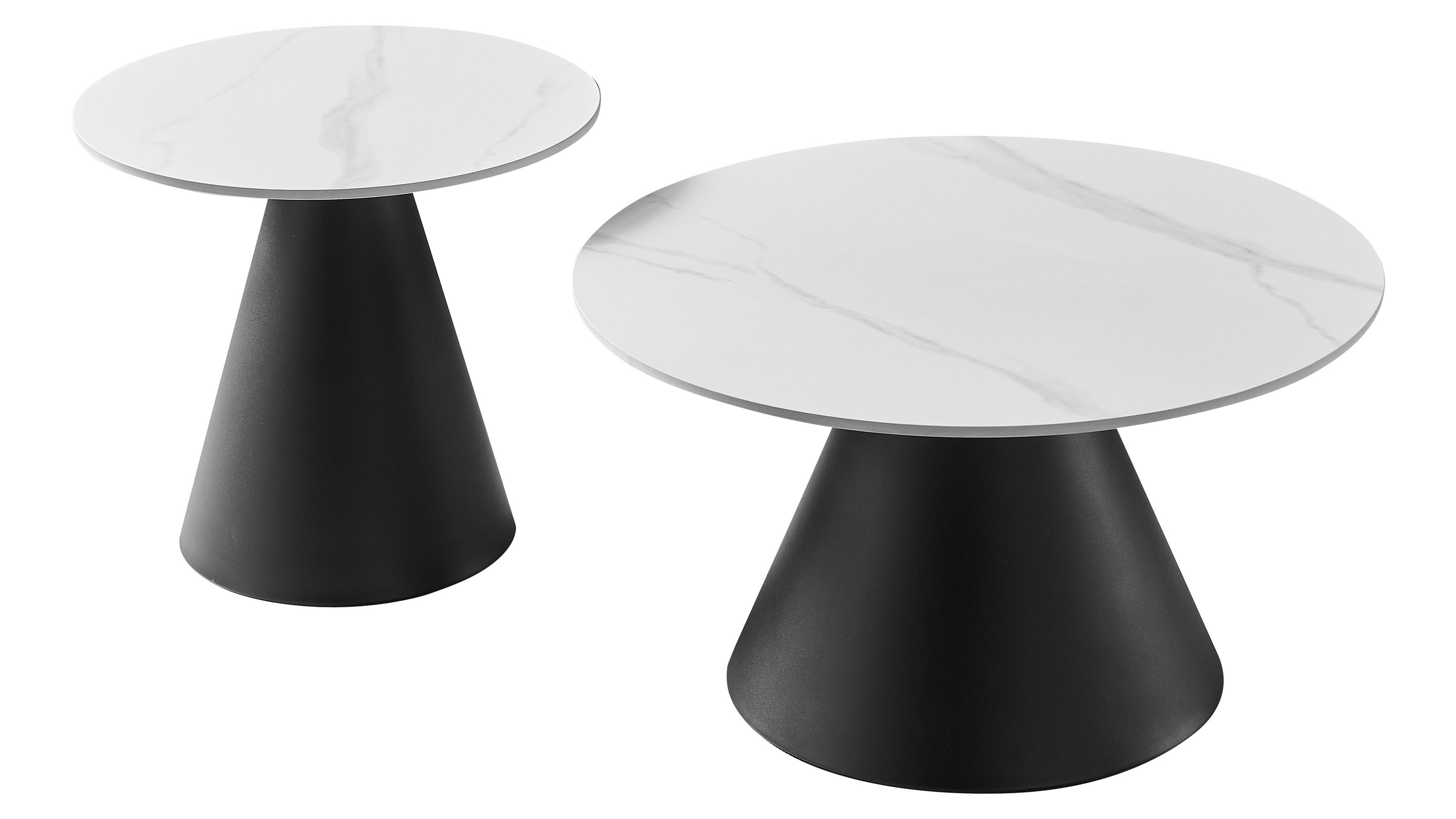 Zwei runde Couchtische mit weißen Tischplatten und schwarzen konischen Metallfüßen