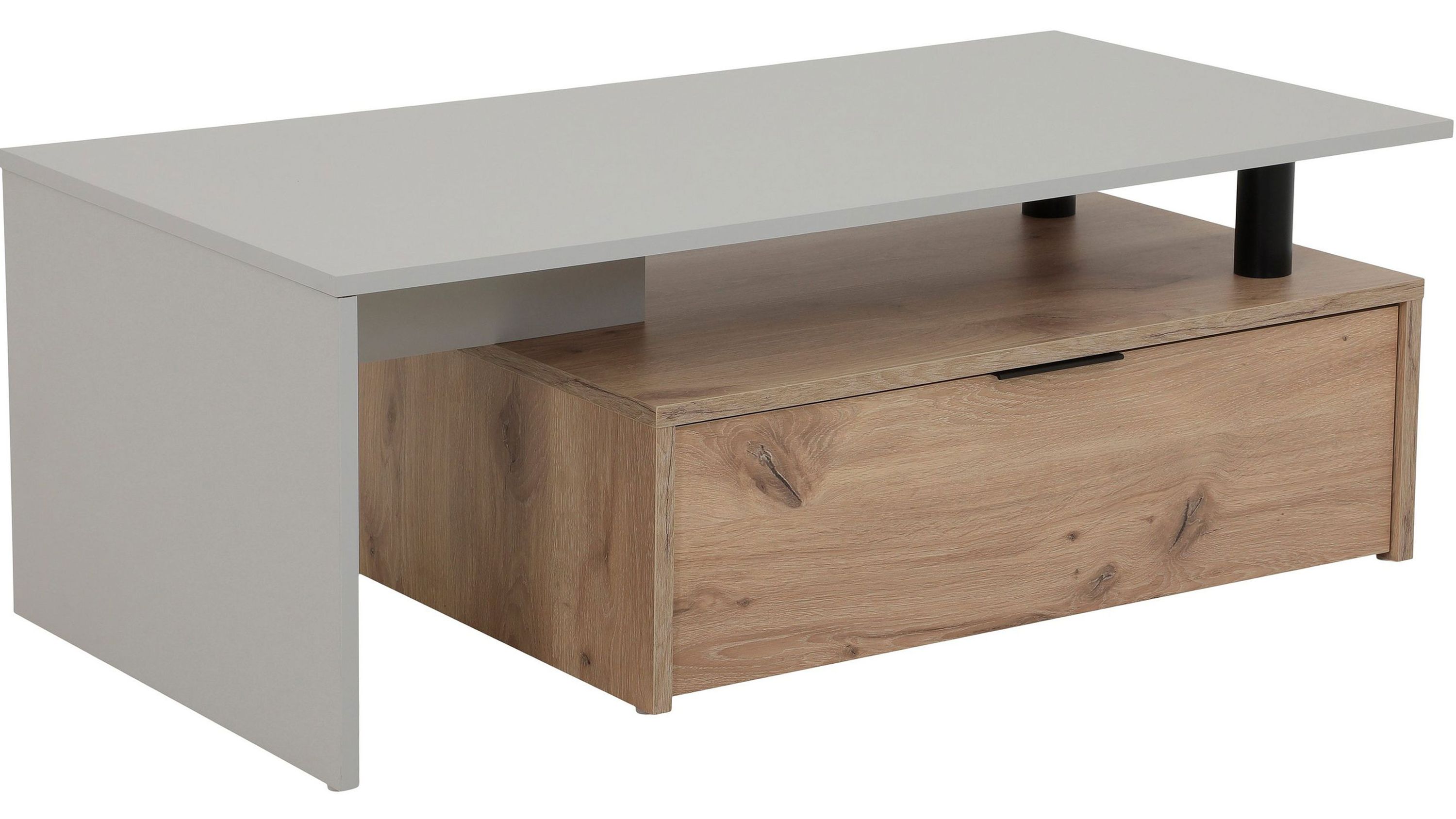 Couchtisch mit hellgrauer Platte und Holzoptik-Fach Rechteckiger Couchtisch mit hellgrauer Tischplatte und unterem Fach in Holzoptik mit Schublade