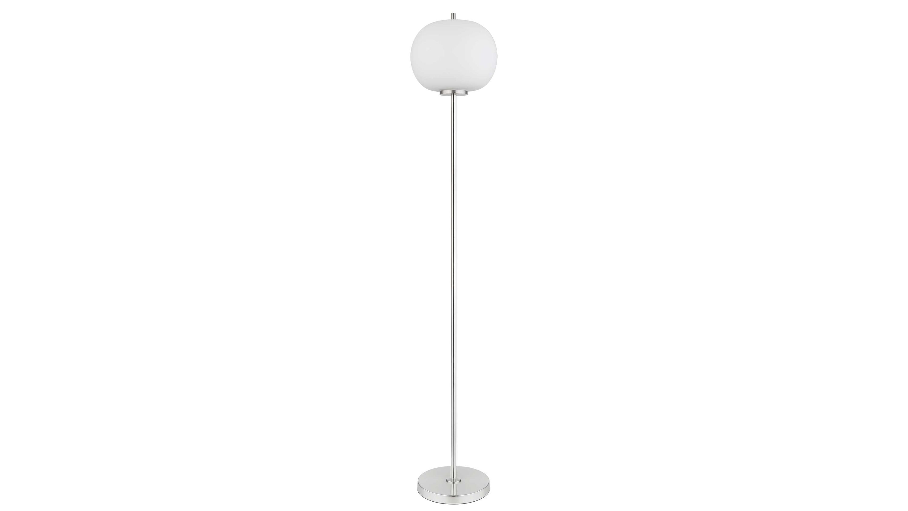 Stehlampe mit rundem weißen Lampenschirm und silberfarbenem Ständer Stehlampe mit rundem weißem Lampenschirm und schlankem silberfarbenem Ständer