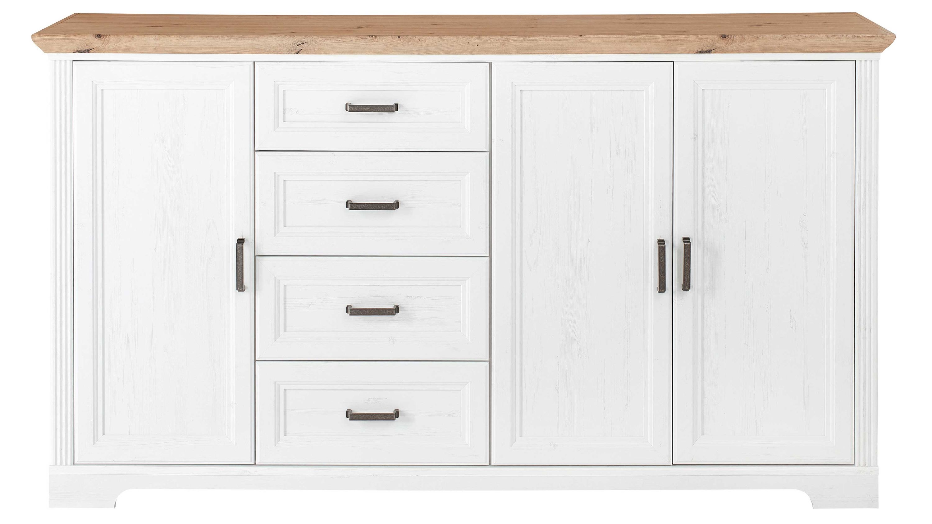 Sideboard mit vier weißen Schubladen und drei weißen Türen helle Holzplatte oben