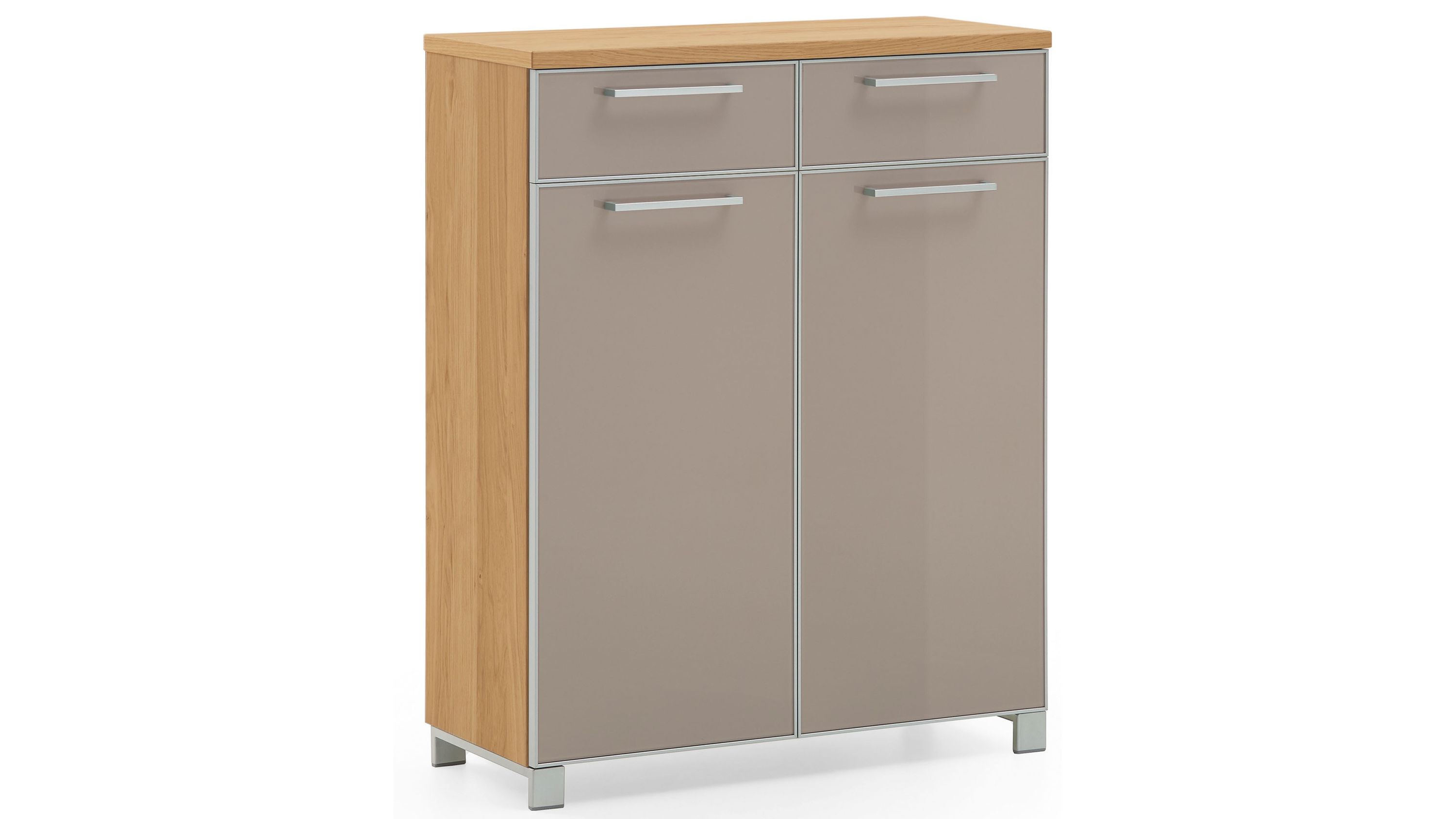 Schuhschrank mit zwei Schubladen und zwei Türen in taupefarbenem Glas und Holzoptik