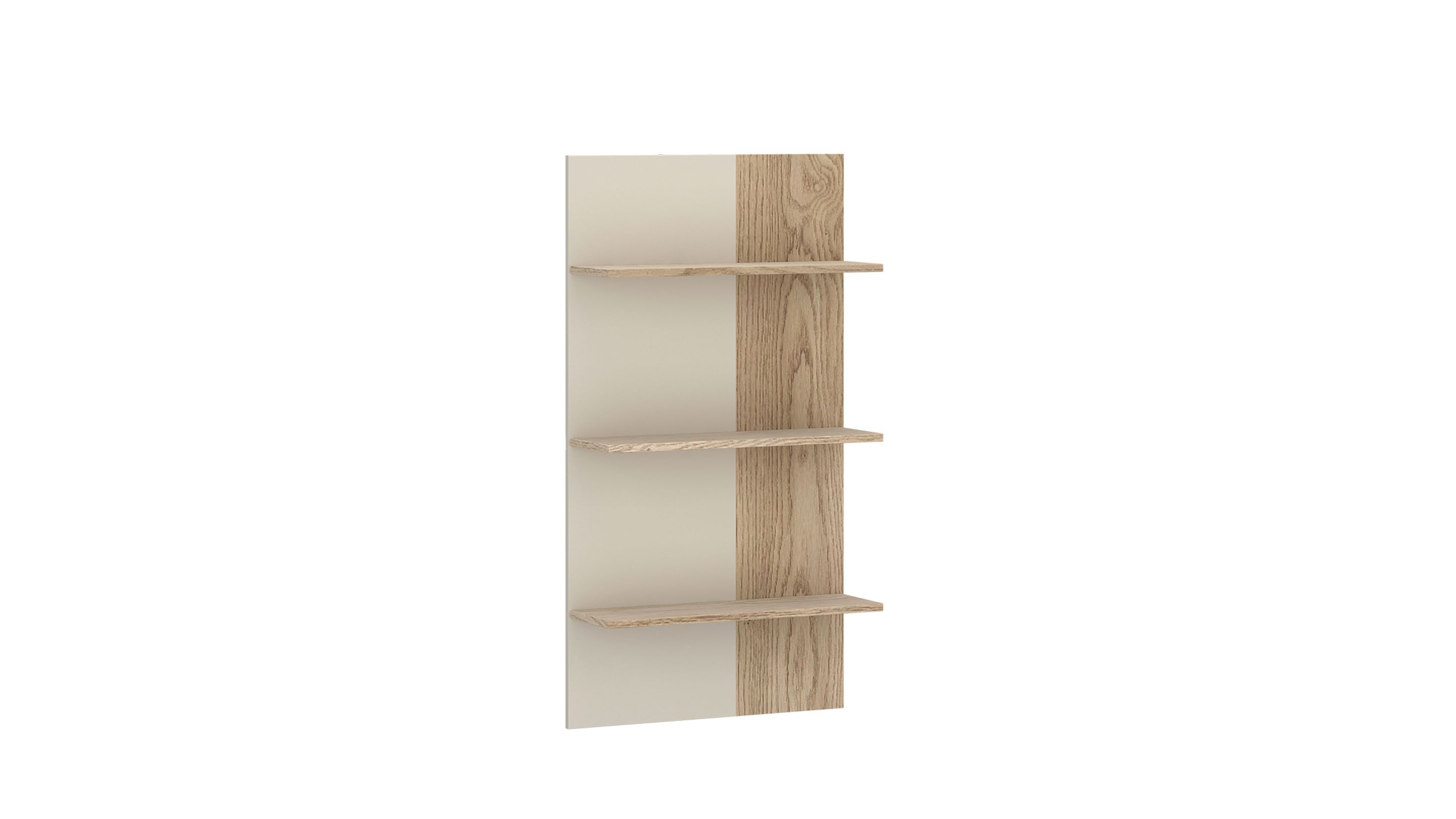 Wandpaneel mit drei schmalen Regalbrettern in beige und hellbraun mit Holzmaserung