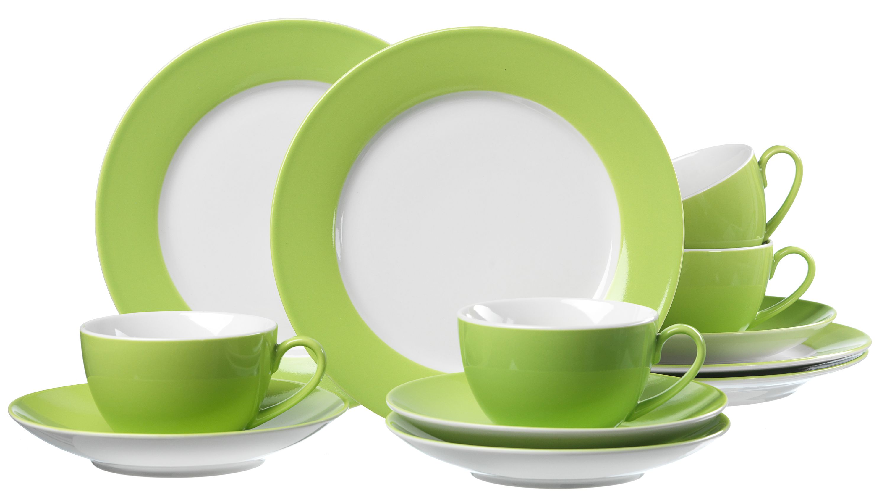 Ritzenhoff & Breker Kaffeeservice Doppio weißes Porzellan mit grünem Rand - zwölfteilig, Kaffeegeschirr