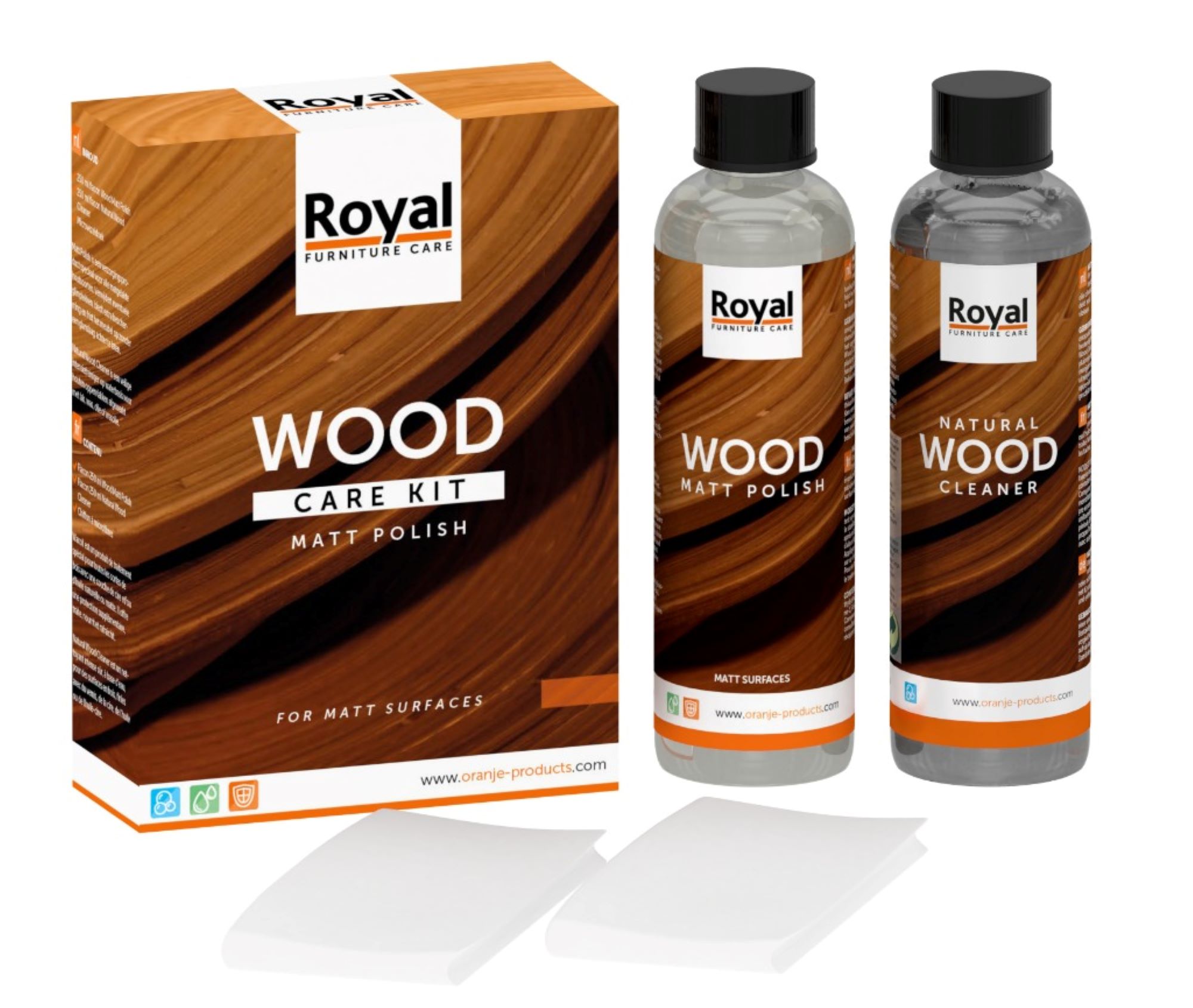 Zwei 75-ml-Flaschen des Oranje Royal Holzpflege-Sets Matt Polish mit Verpackung frontal fotografiert Etiketten lesbar