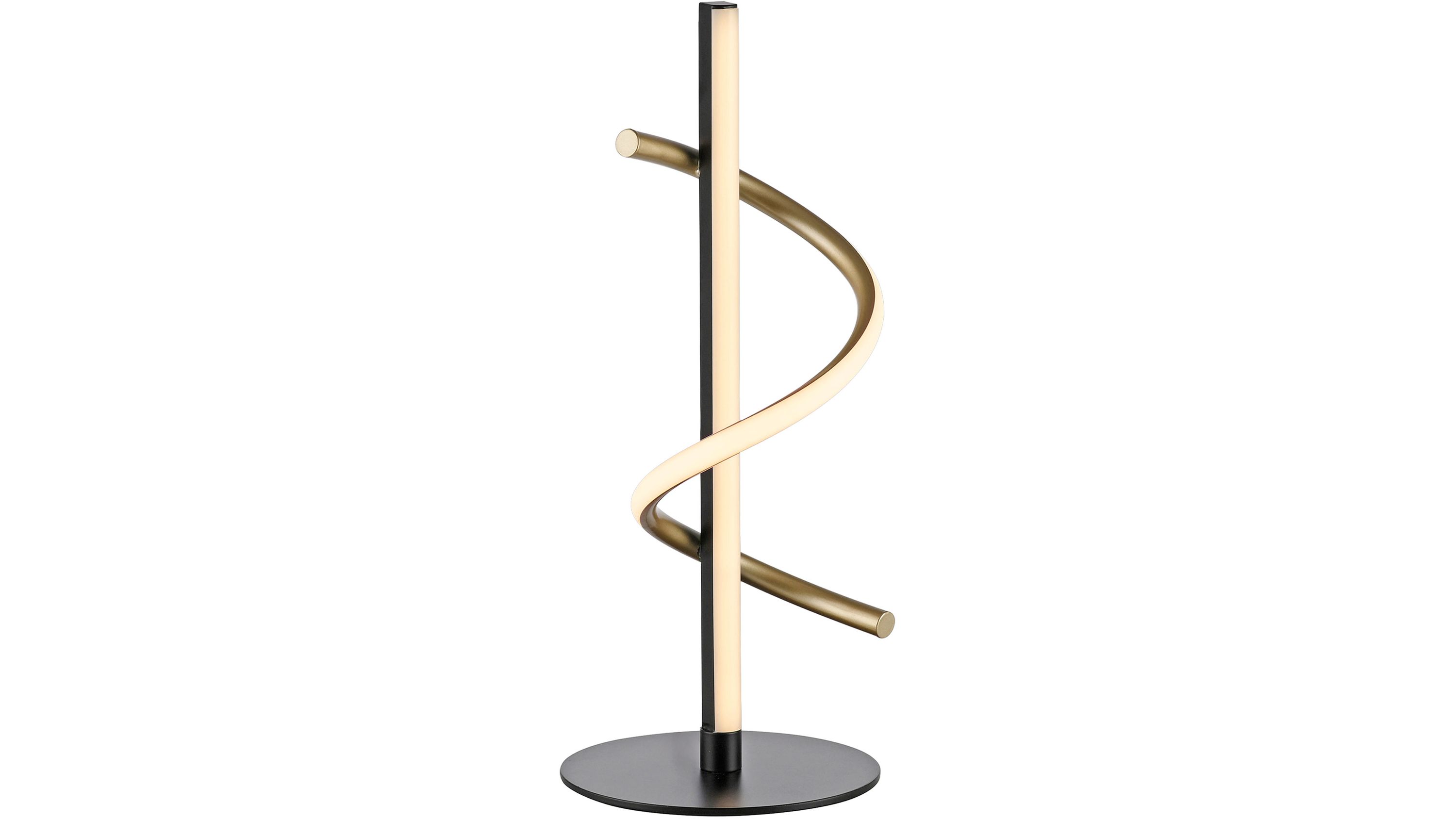 Schwarze Tischleuchte mit rundem Sockel und goldfarbenem spiralförmigem Element