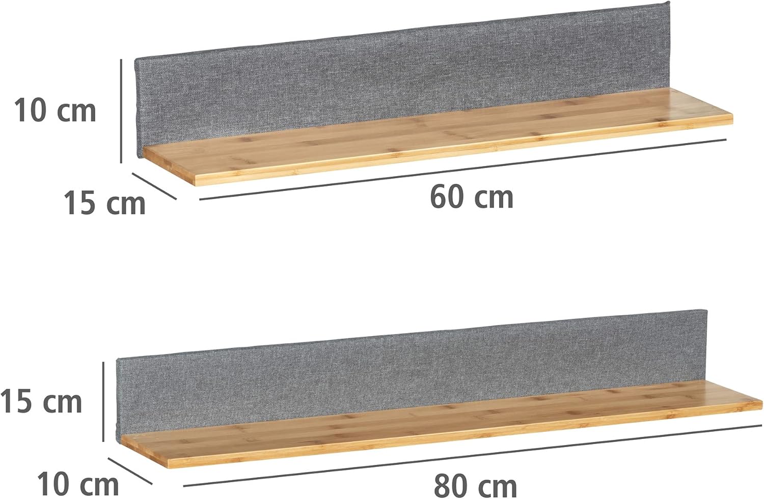 Zweiteiliges Wandregal-Set aus Bambus mit grauen Rückwänden 60×15×10 cm und 80×10×15 cm leicht erhöht von links
