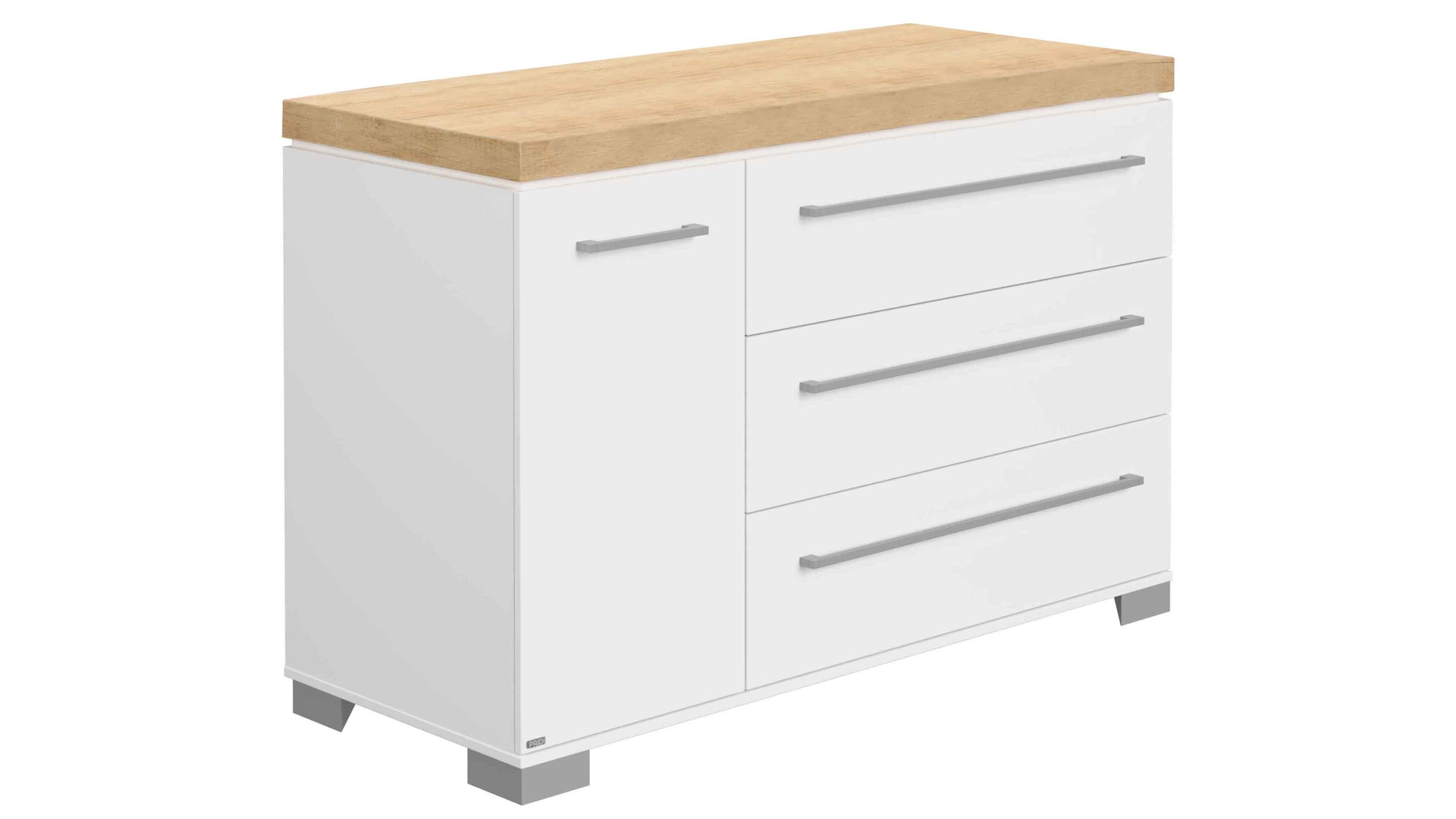 Kombikommode mit Tür und Schubladen in weiß und Holzoptik Kombikommode mit einer Tür links und drei Schubladen rechts in weiß mit heller Holzplatte oben