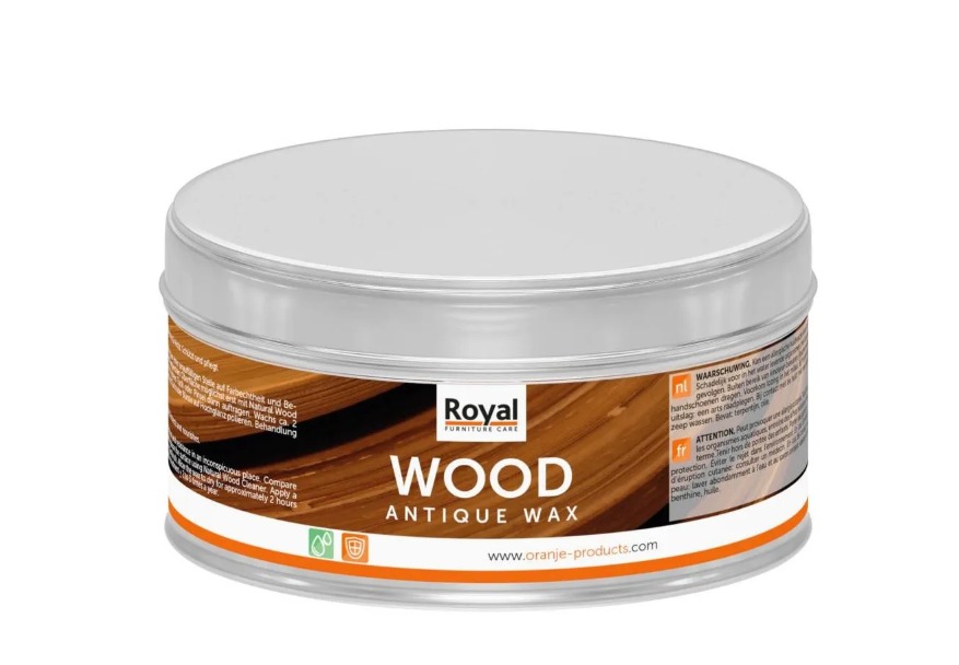 Runde Dose Oranje Royal Antique Wax mit silbernem Deckel orange-braunes Etikett Royal Wood Antique Wax frontal