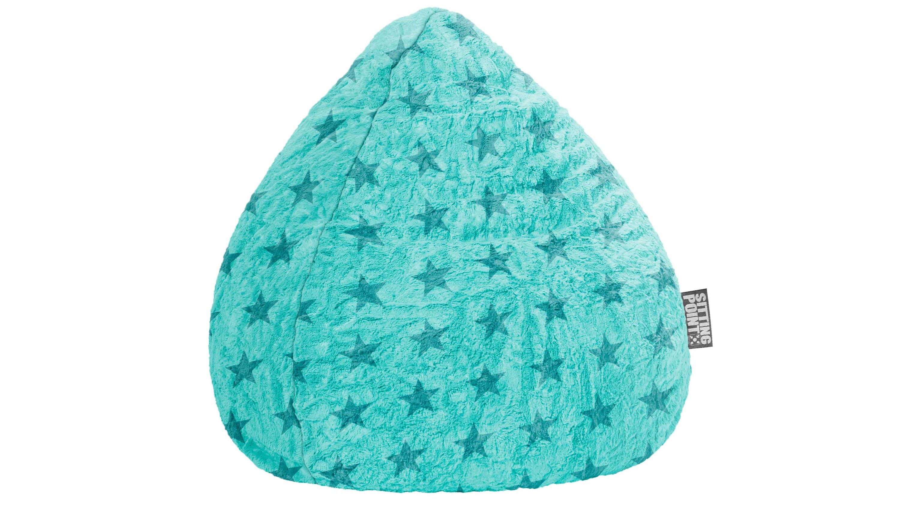 Türkiser Sitzsack in Tropfenform mit Sternenmuster aus Plüsch