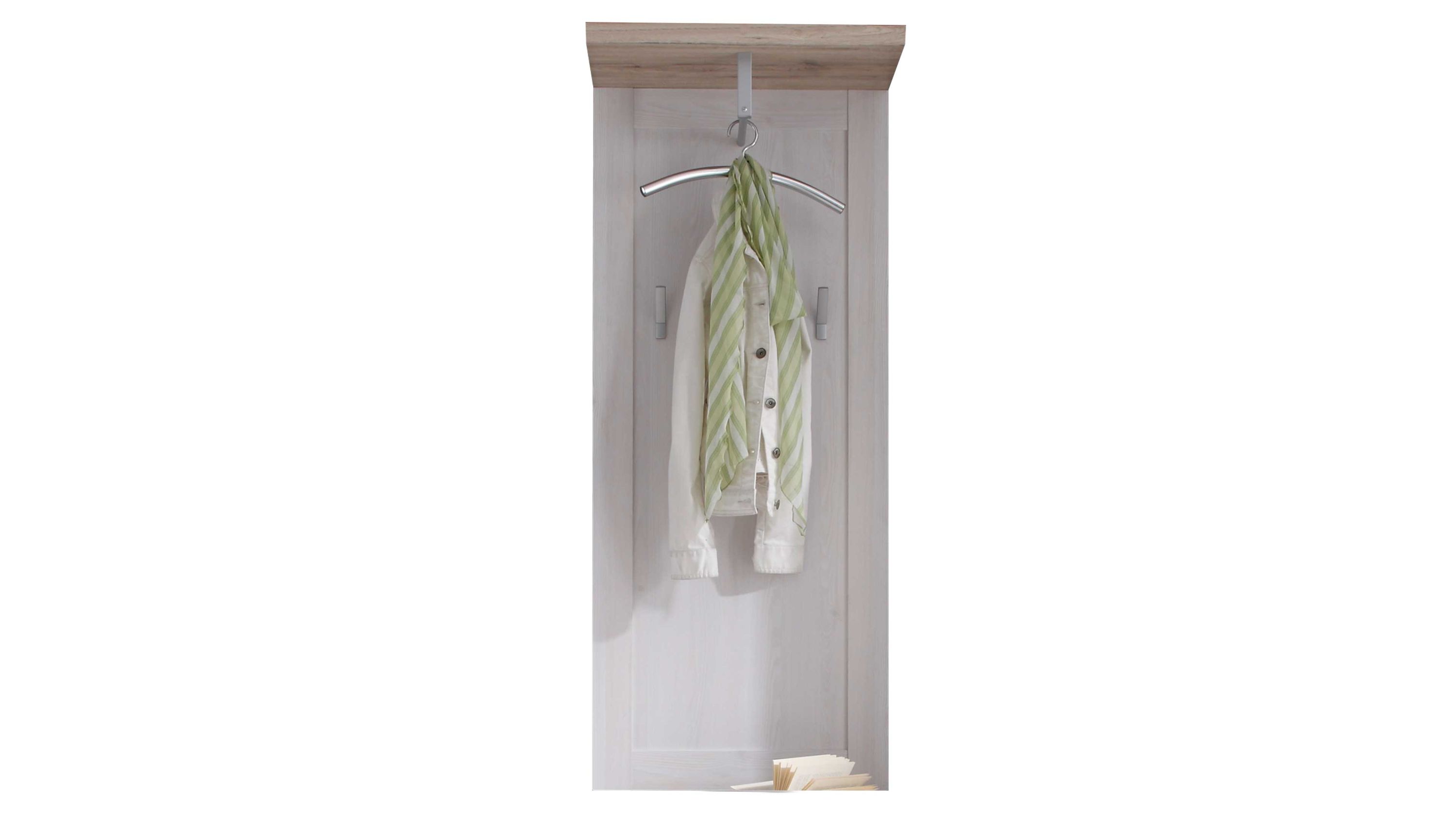 Wandgarderobe mit zwei Haken einem oberen Ablagebrett und einer Metallstange weiß und hellbraun