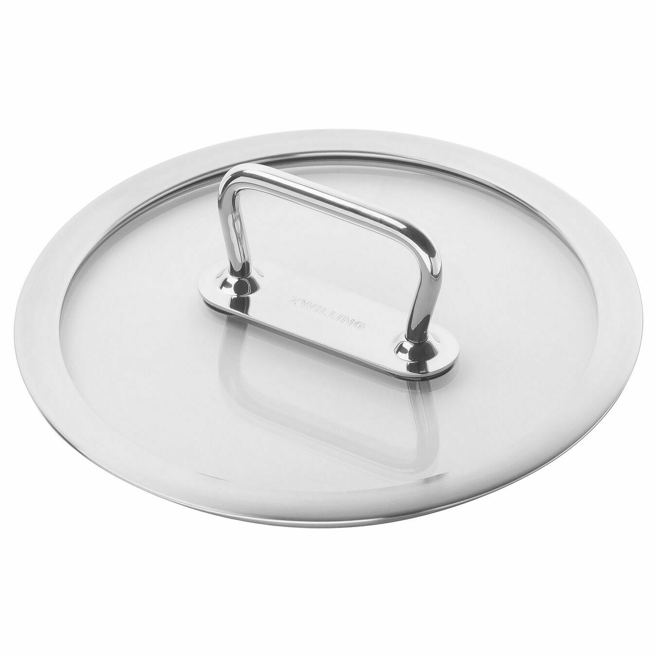 Edelstahldeckel mit Griff, isoliert vor weißem Hintergrund