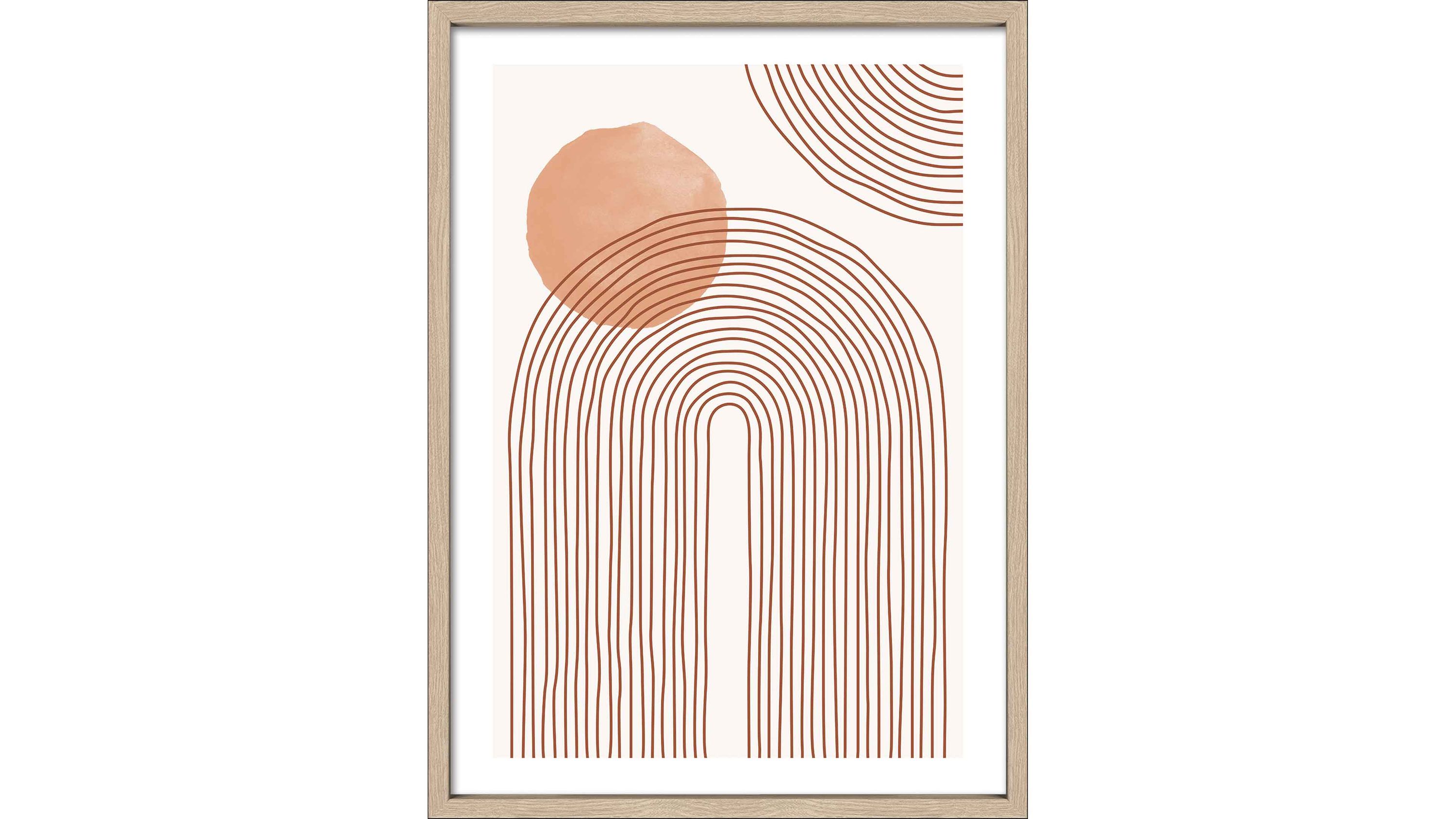 Kunstdruck mit abstrakten Linienbögen und Kreisen in apricot und creme im hellen Holzrahmen