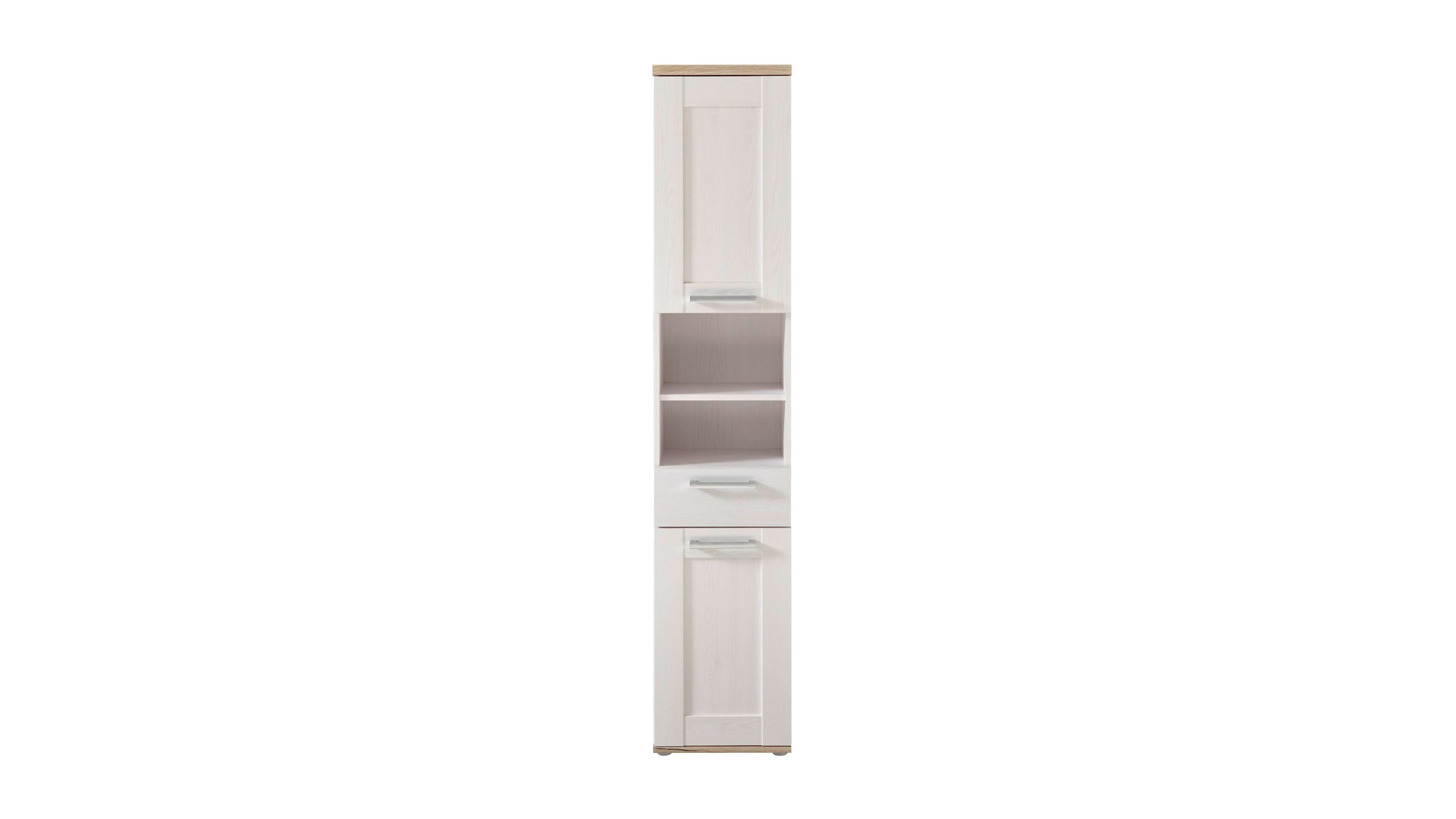Badezimmer-Hochschrank Sibiu lärchefarbene & San Remo helle Kunststoffoberflächen  zwei Türen, eine Schublade