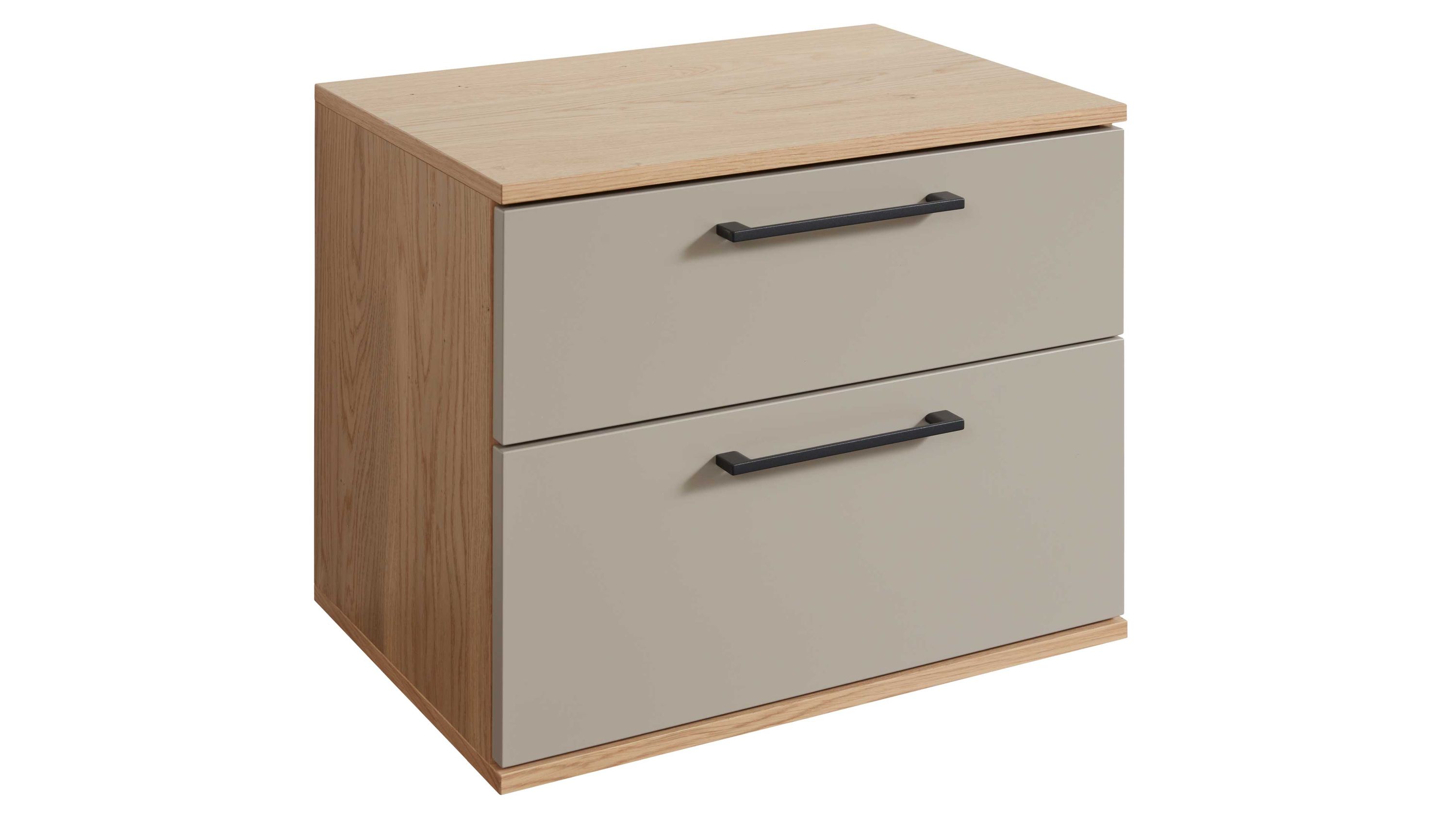 Nachtkommode mit zwei Schubladen in Taupe und Balkeneiche Quadratische Nachtkommode mit zwei taupefarbenen Schubladen und Holzoptik in Balkeneiche