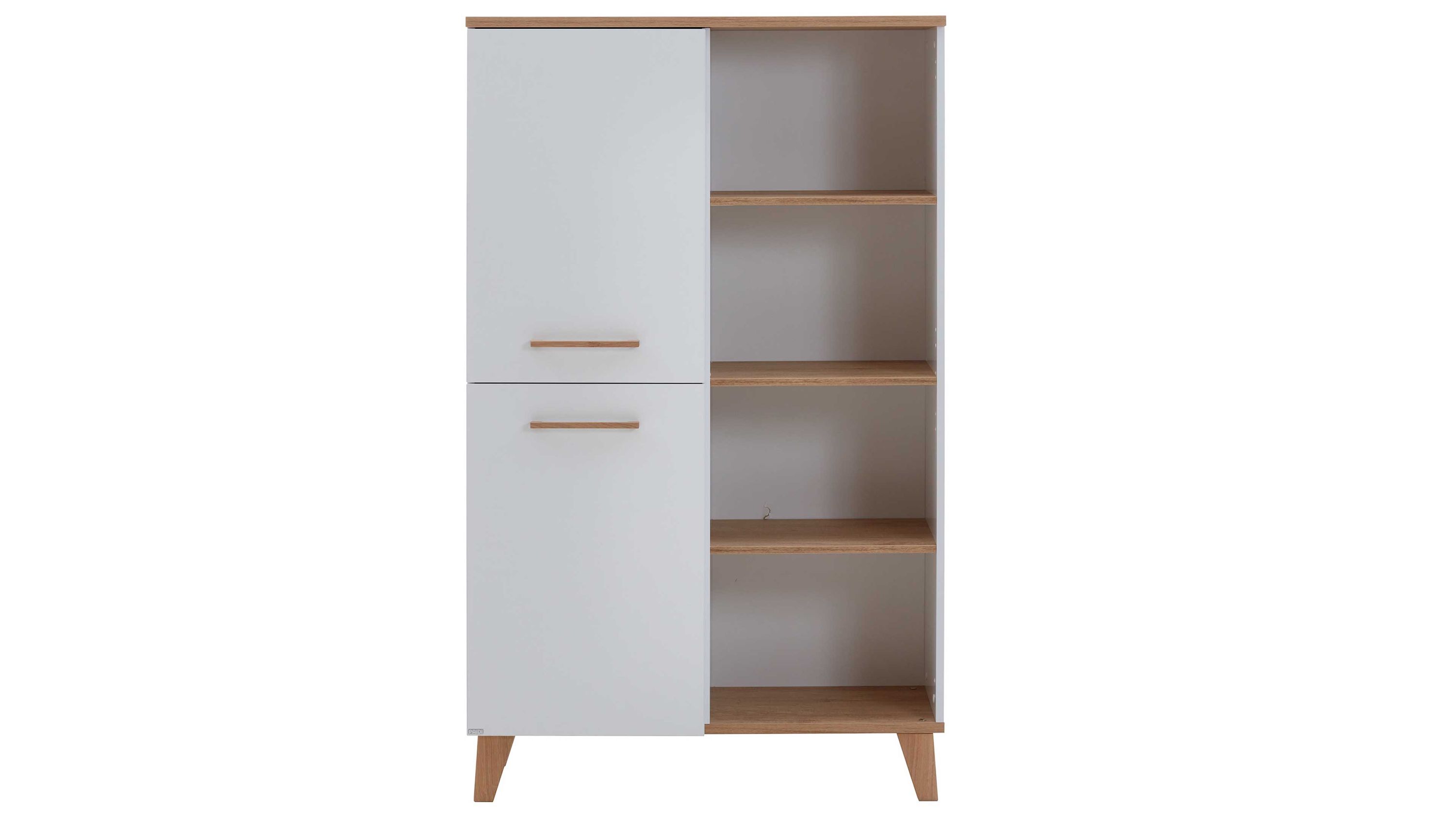 Highboard mit Türen und Regalfächern in Weiß und Holzoptik Highboard mit zwei weißen Türen links und vier offenen Regalfächern rechts Holzgriffe und Holzfüße