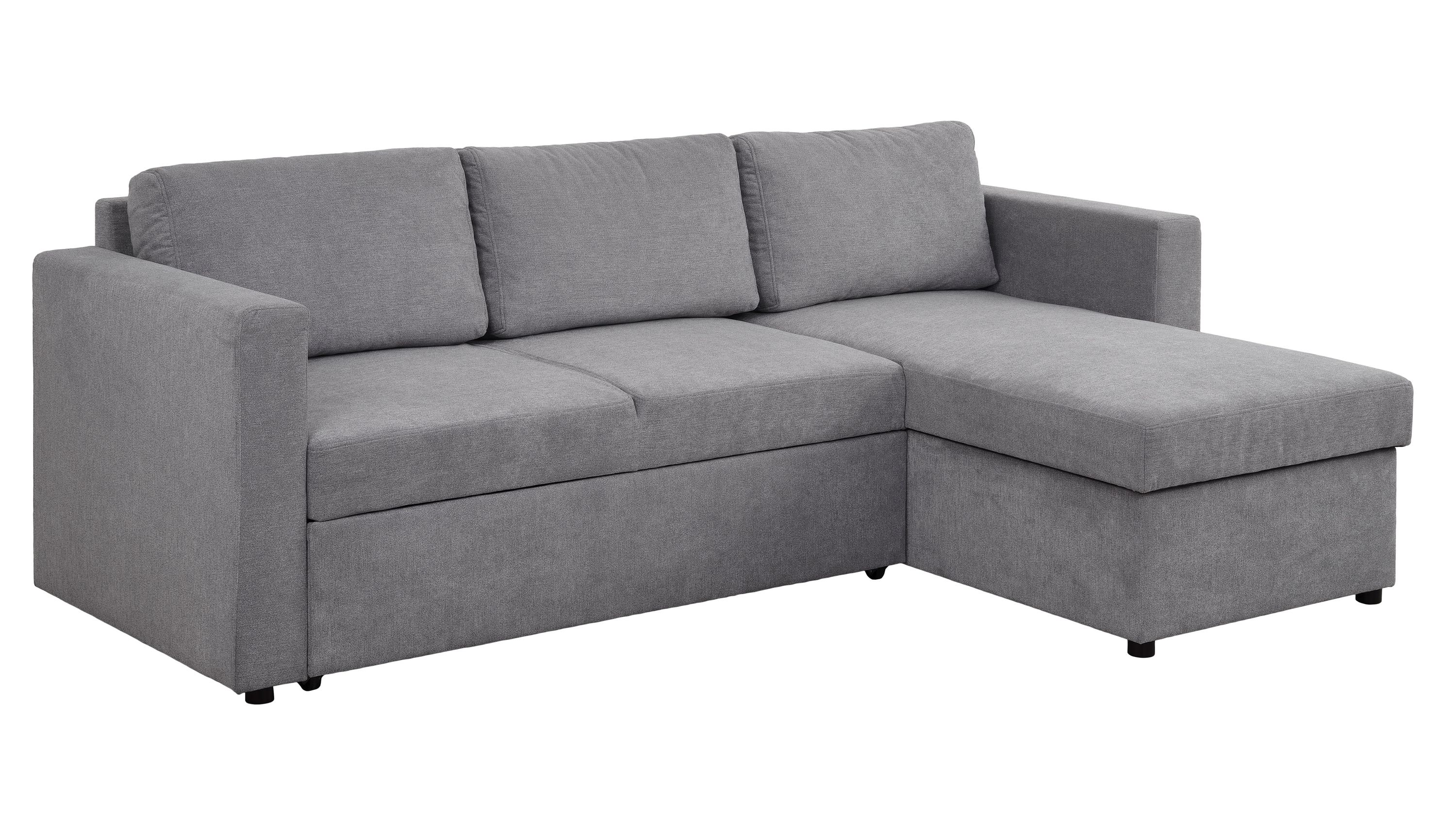 Graues Ecksofa mit schwarzen Füßen Ecksofa mit grauem Bezug drei Rückenpolstern und schwarzen Füßen