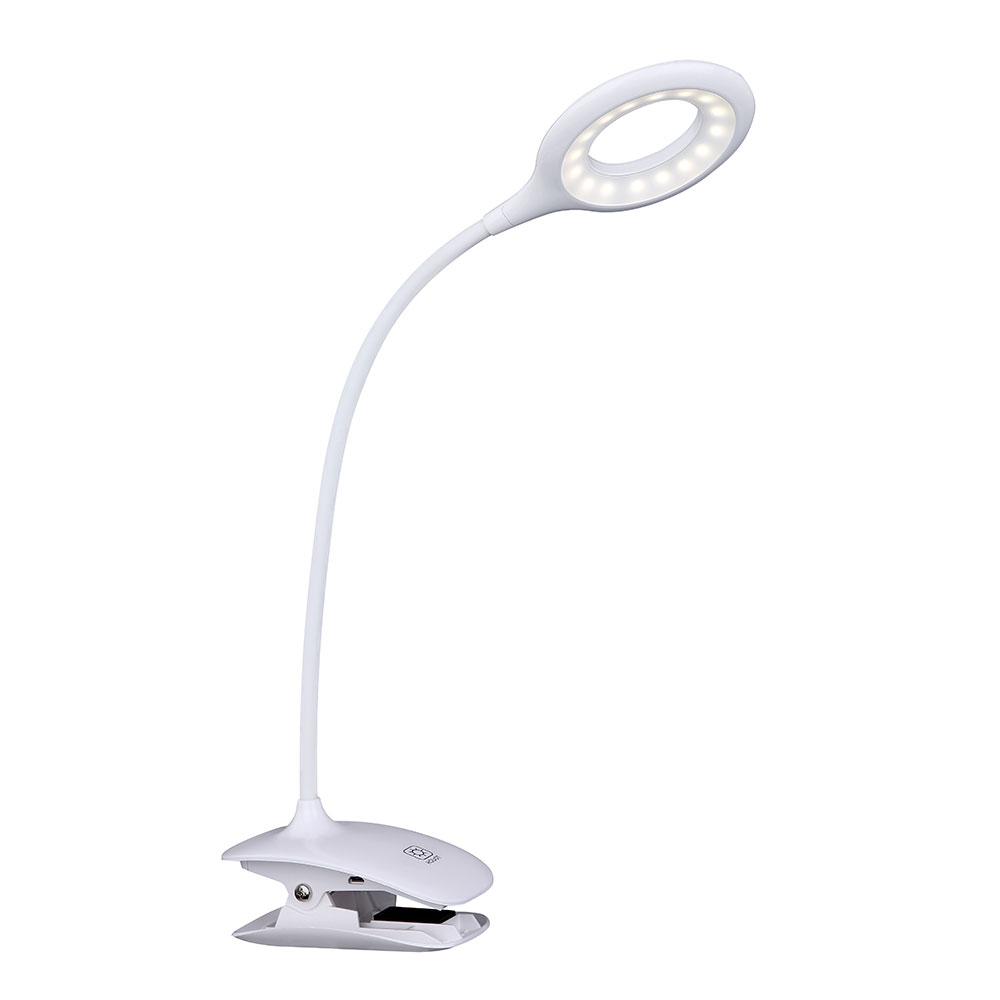 Weiße LED-Klemmleuchte mit rundem Kopf flexiblem Hals dimmbar per Touch schräg von links aufgenommen