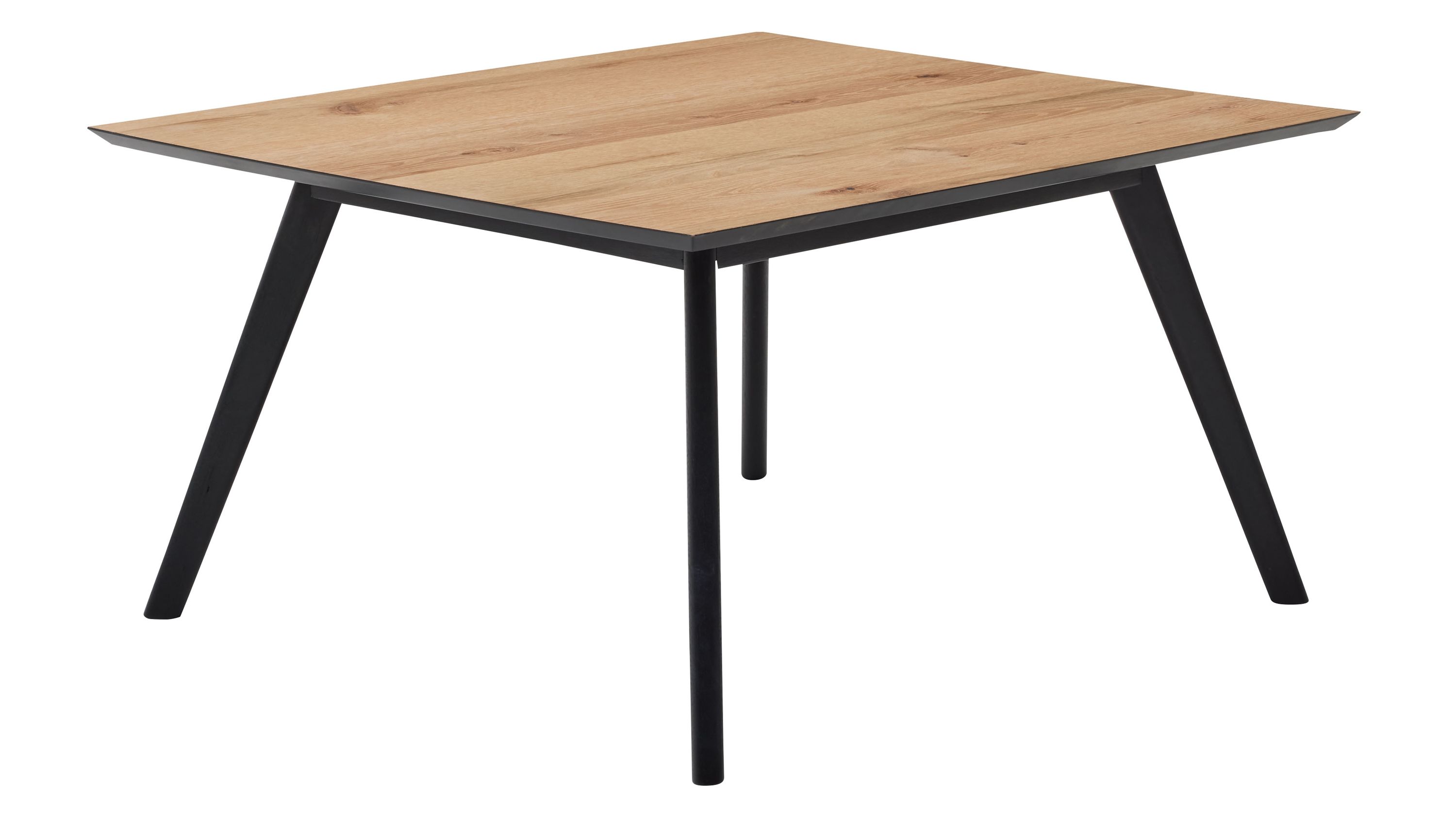 Quadratischer Couchtisch mit hellem Holzfarbton und schwarzen schrägen Beinen