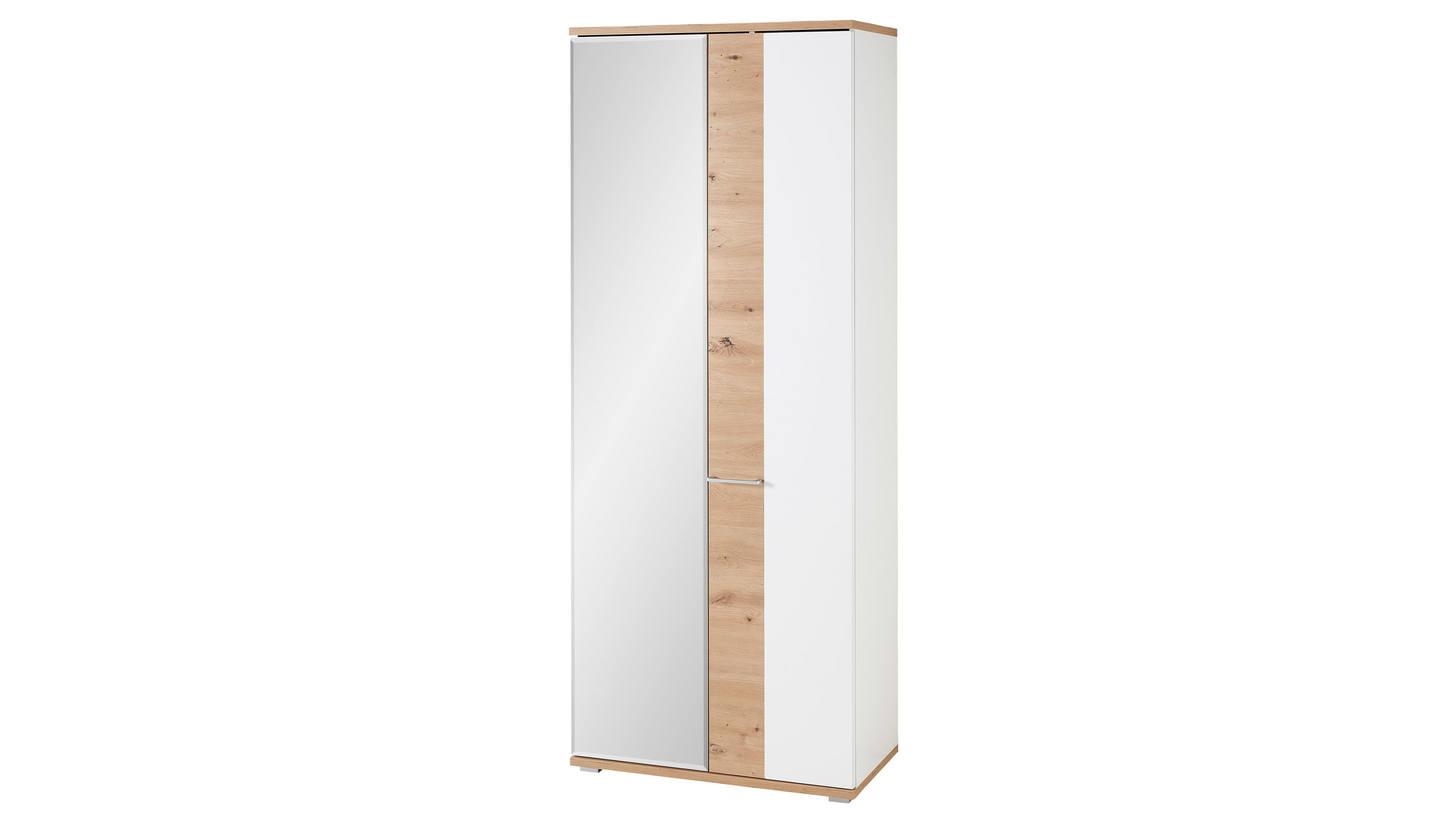 Garderobenschrank mit zwei Türen eine Tür mit Spiegel mattweiß und holzfarbene Akzente