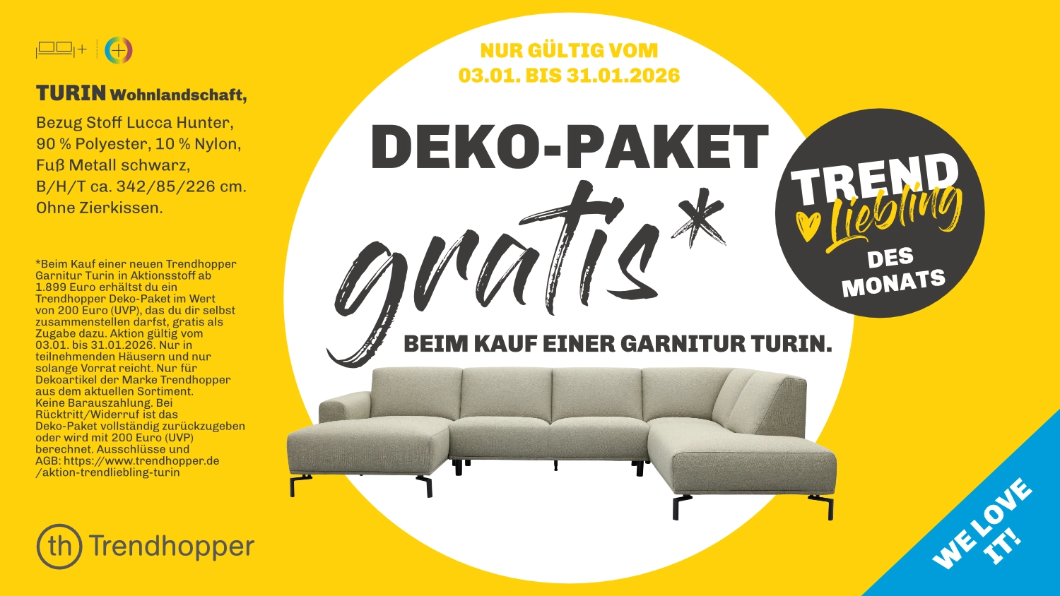 Aktionsgrafik zur Turin Wohnlandschaft mit Hinweis „Deko-Paket gratis“, Trendliebling des Monats und Aktionszeitraum Januar 2026.