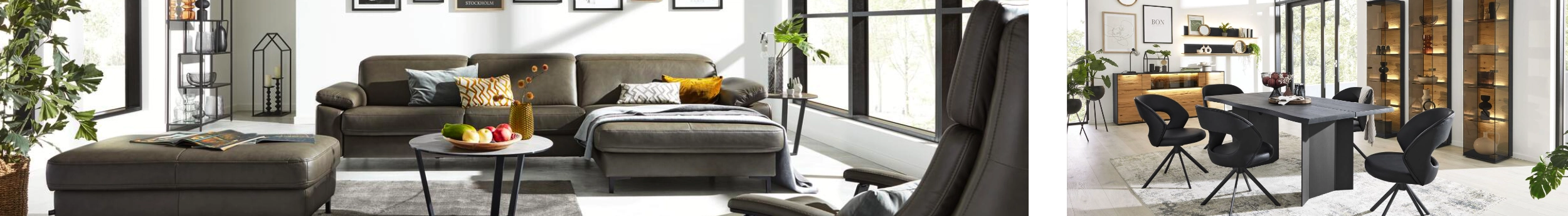 Modern eingerichtetes Wohnzimmer mit grauem Ecksofa und angrenzendem Essbereich mit schwarzem Tisch und gepolsterten Stühlen.