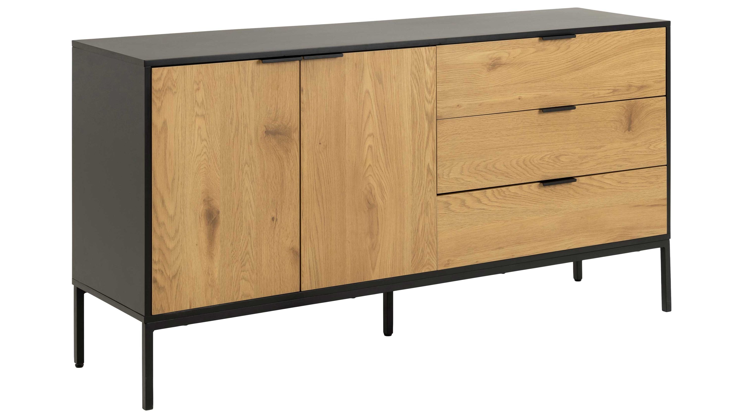 Sideboard mit zwei Türen und drei Schubladen in Holzoptik und schwarzem Rahmen